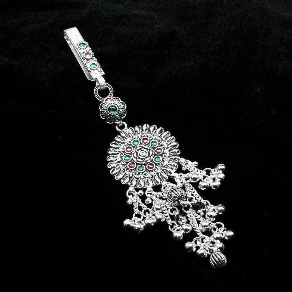 Beautiful Real 925 Silver Indian Oxidized Women Waist Key Chain Holder 6.3 in