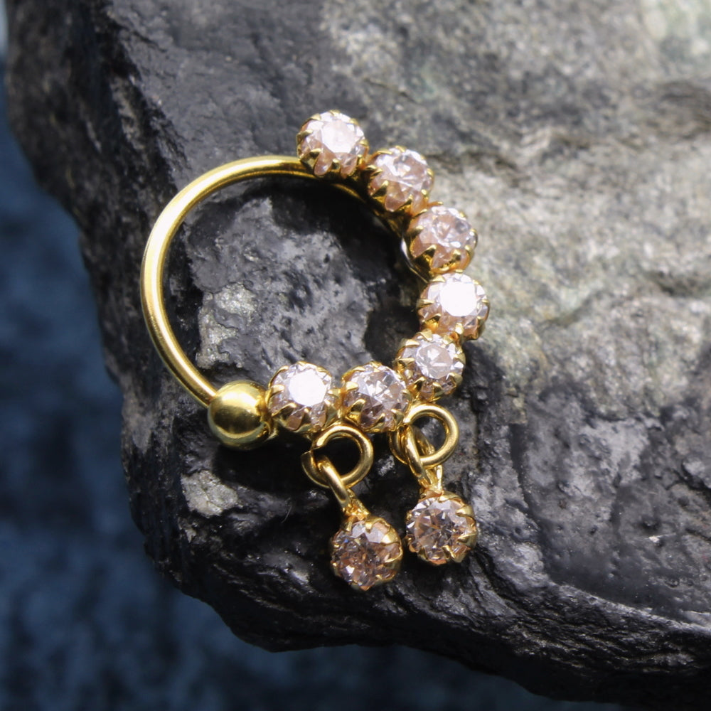 18K Pure Gold Women Left Nose Ring (Nath) with White Stones