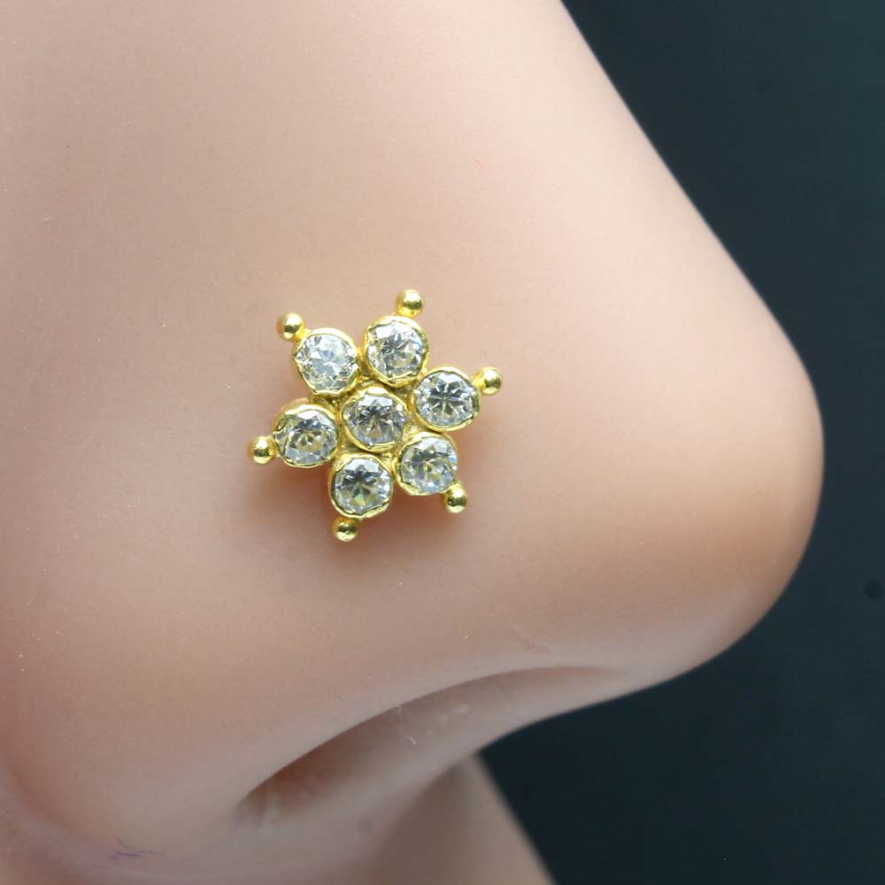 Floral 14K Gold Nose pin With White Stones in L Shape