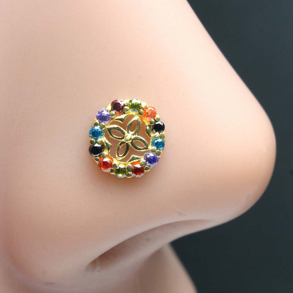 Cute 14K Real Gold Multicolor stones Twisted Nose Pin