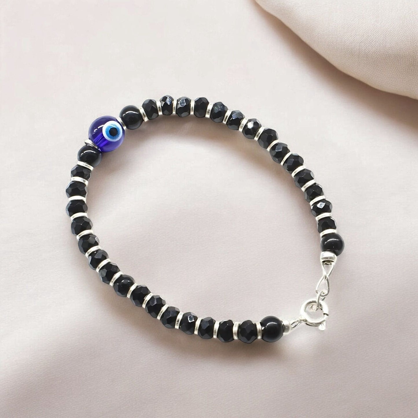 Real Silver Nazariya with Evil Eye Black Blue Eye Kids Bracelet 5.2"