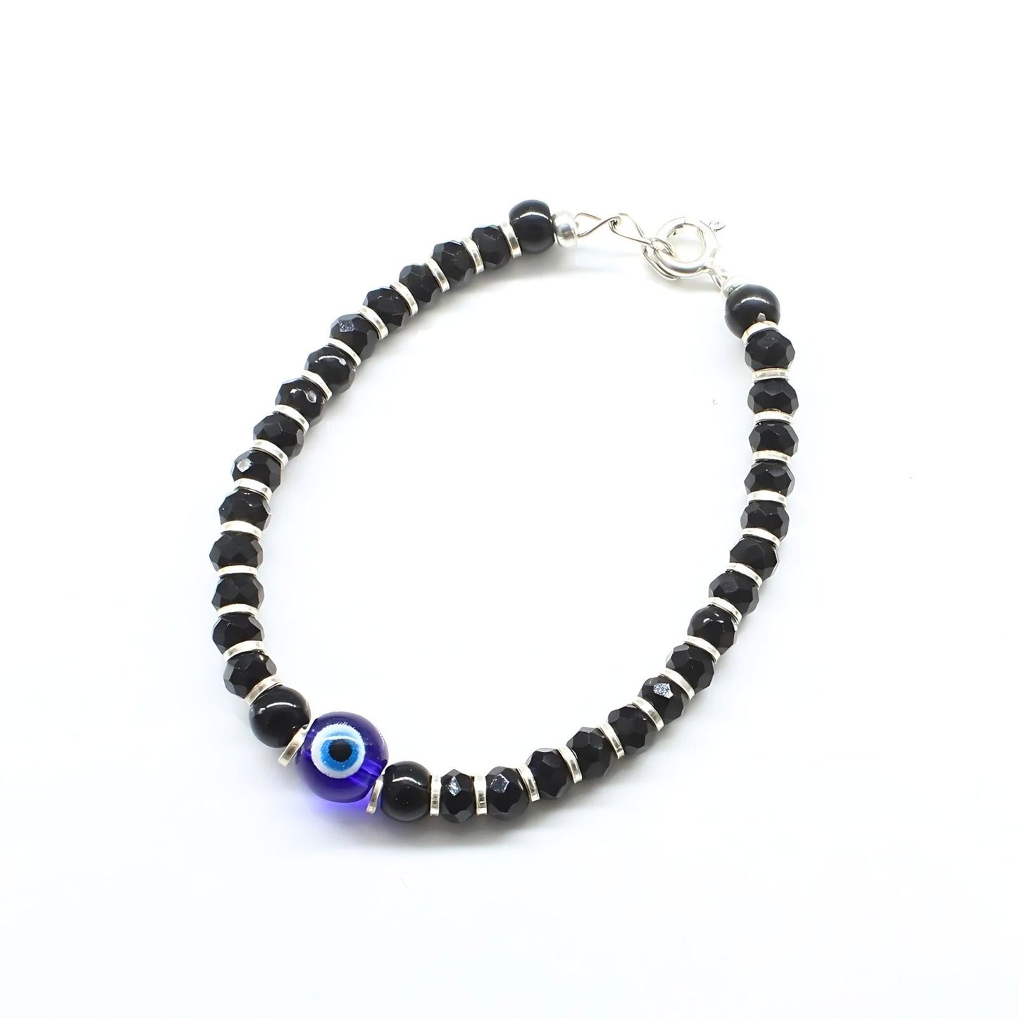 Real Silver Nazariya with Evil Eye Black Blue Eye Kids Bracelet 5.2"