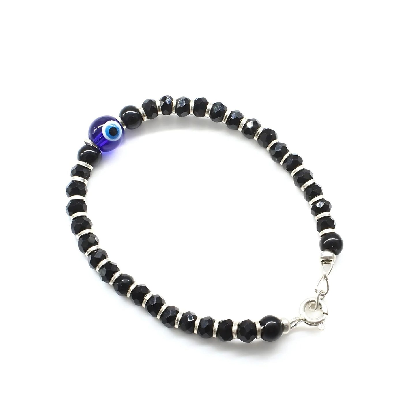 Real Silver Nazariya with Evil Eye Black Blue Eye Kids Bracelet 5.2"
