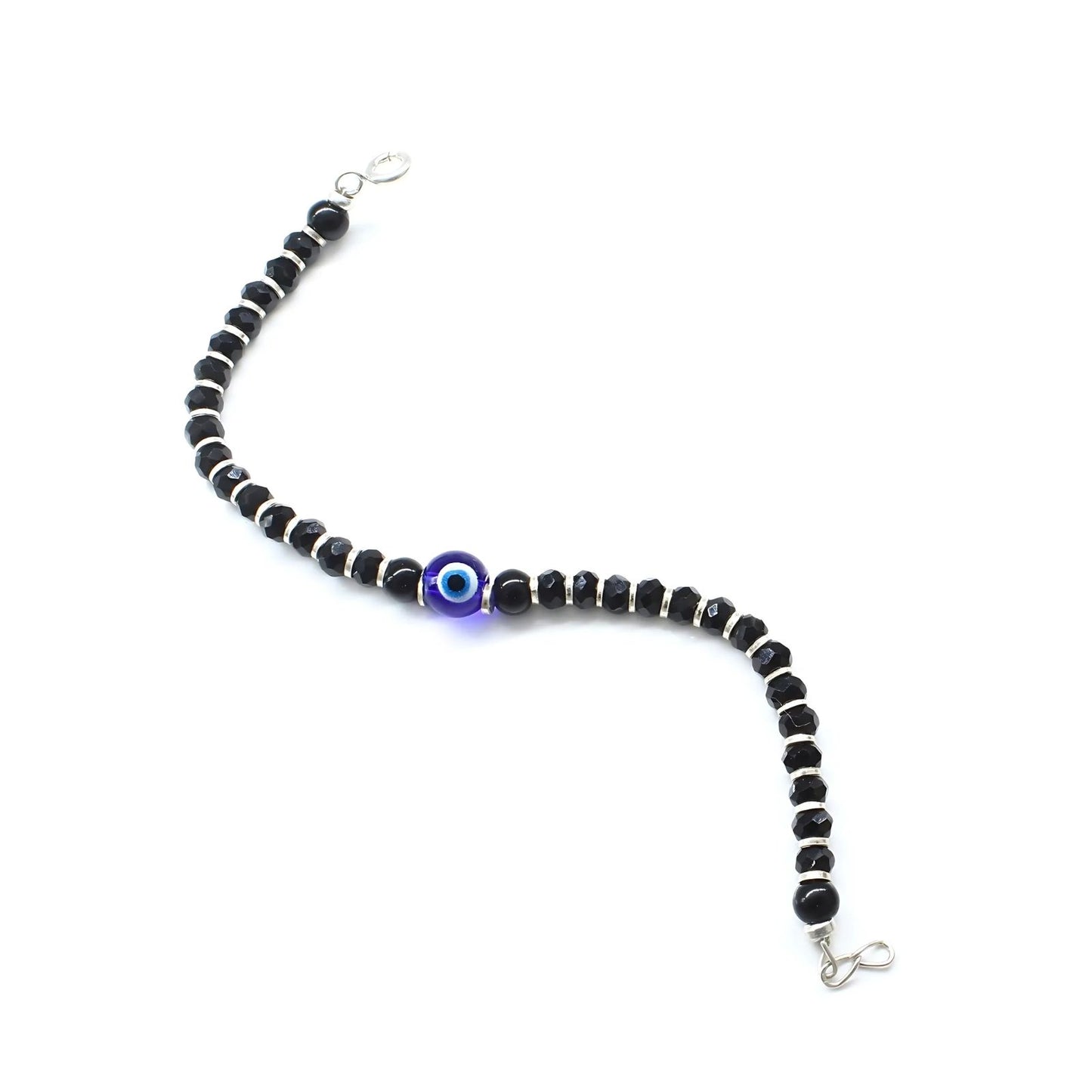 Real Silver Nazariya with Evil Eye Black Blue Eye Kids Bracelet 5.2"
