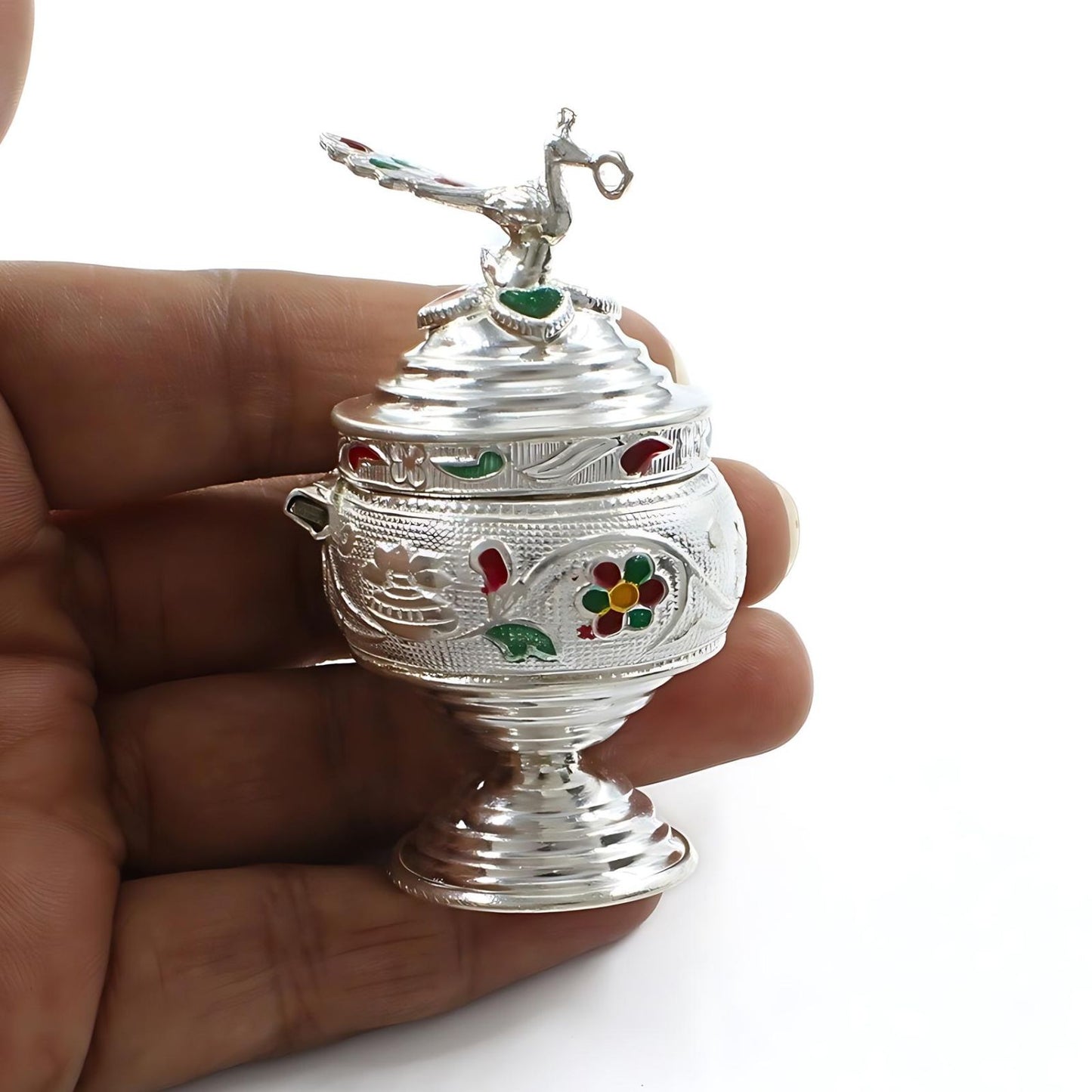 Real Silver Honey Container Enamel peacock design Dibbi for Red Book Remedy