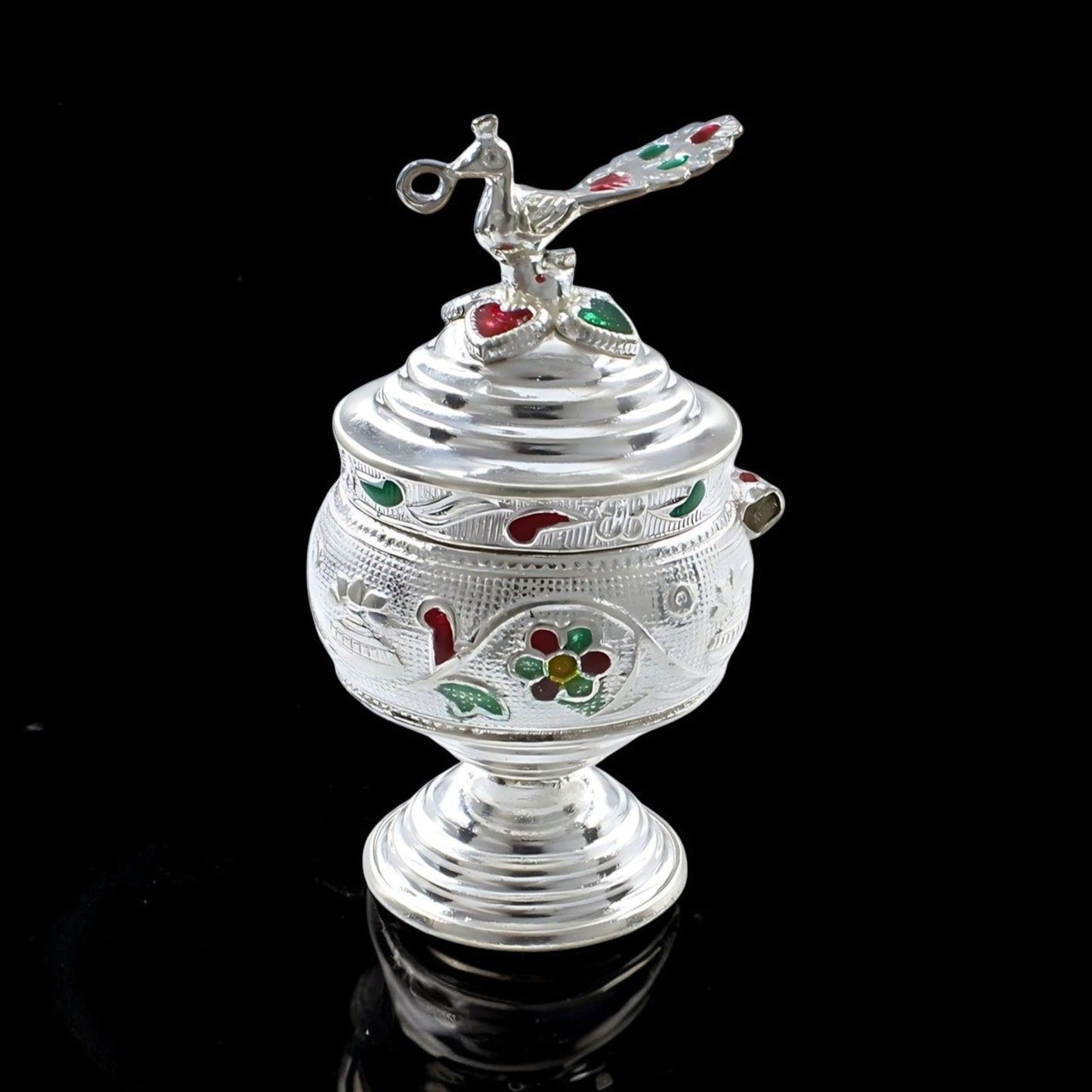 Real Silver Honey Container Enamel peacock design Dibbi for Red Book Remedy
