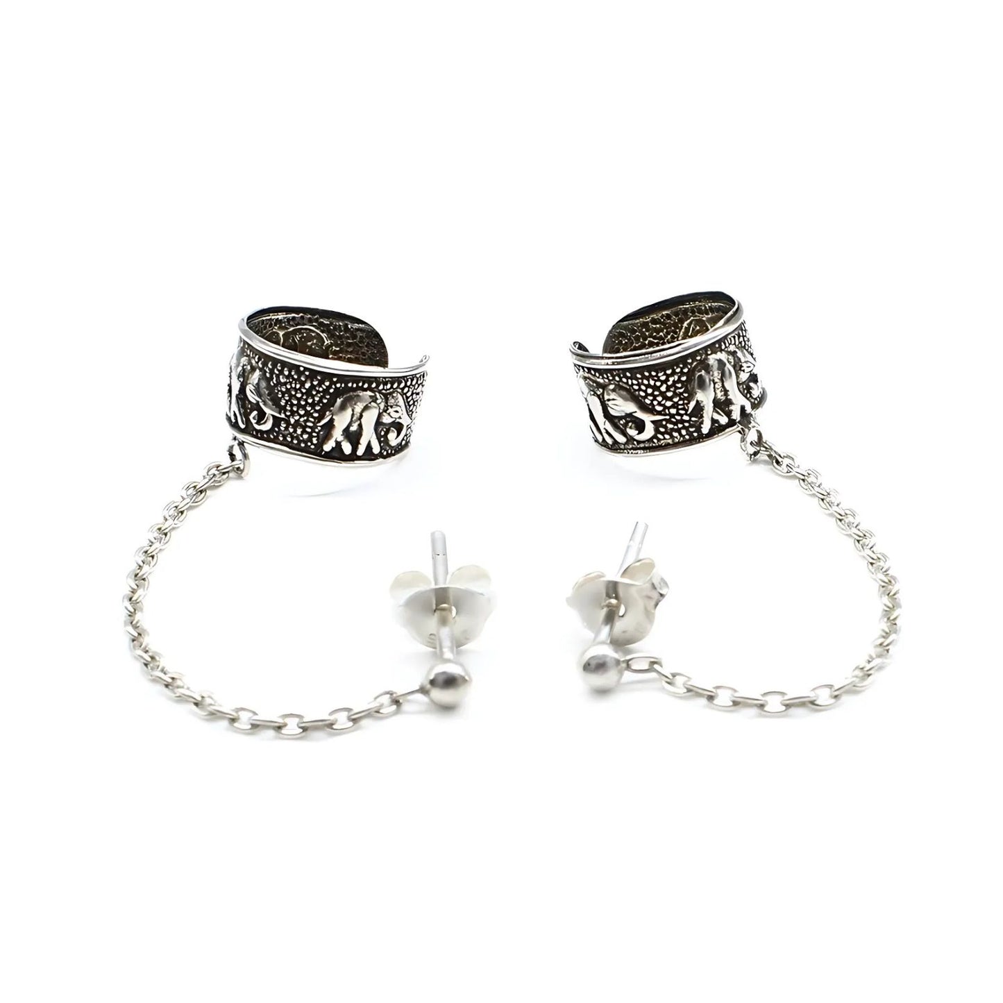 Real Silver Women Oxidized Ear Cuff With Chain Earrings