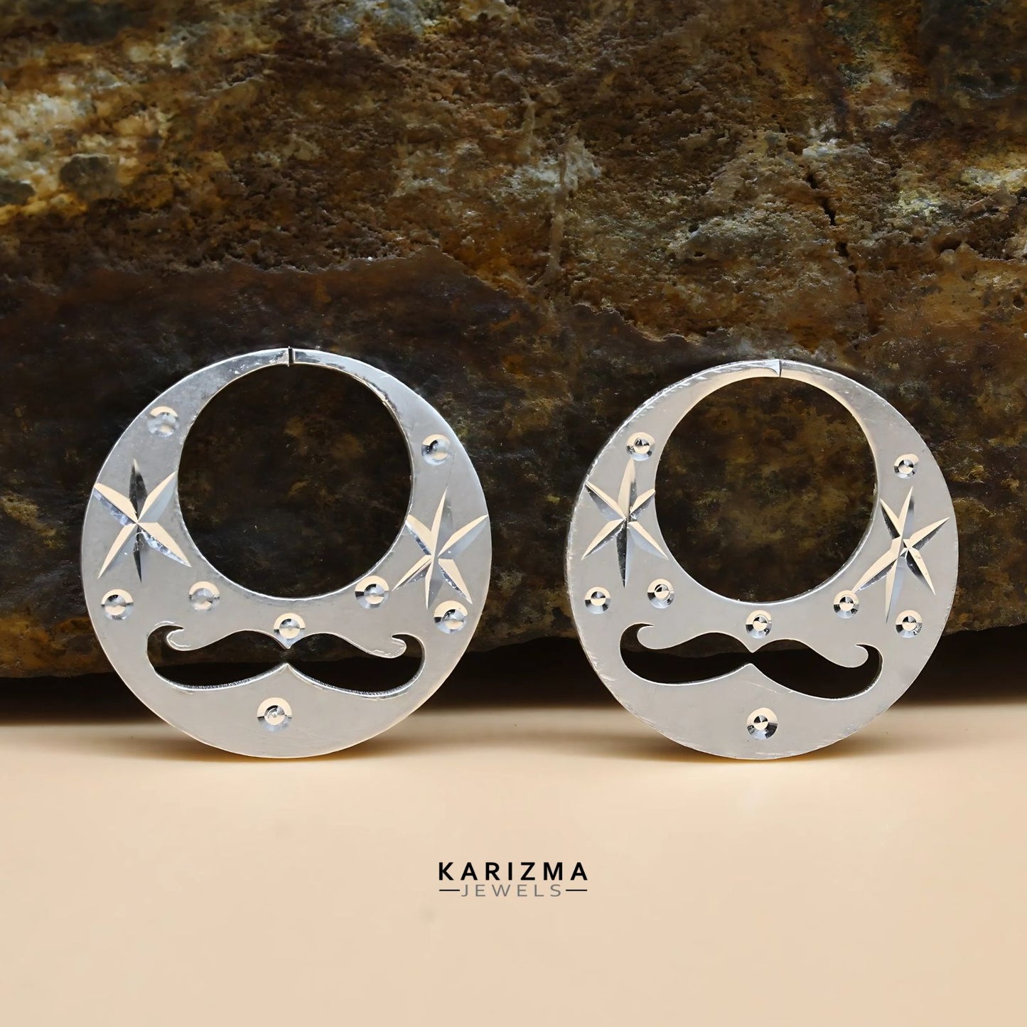 Real Sterling Silver Round stylish Moon Shaped MOUSTACHE Nattiyan (Nanti) earring for Men