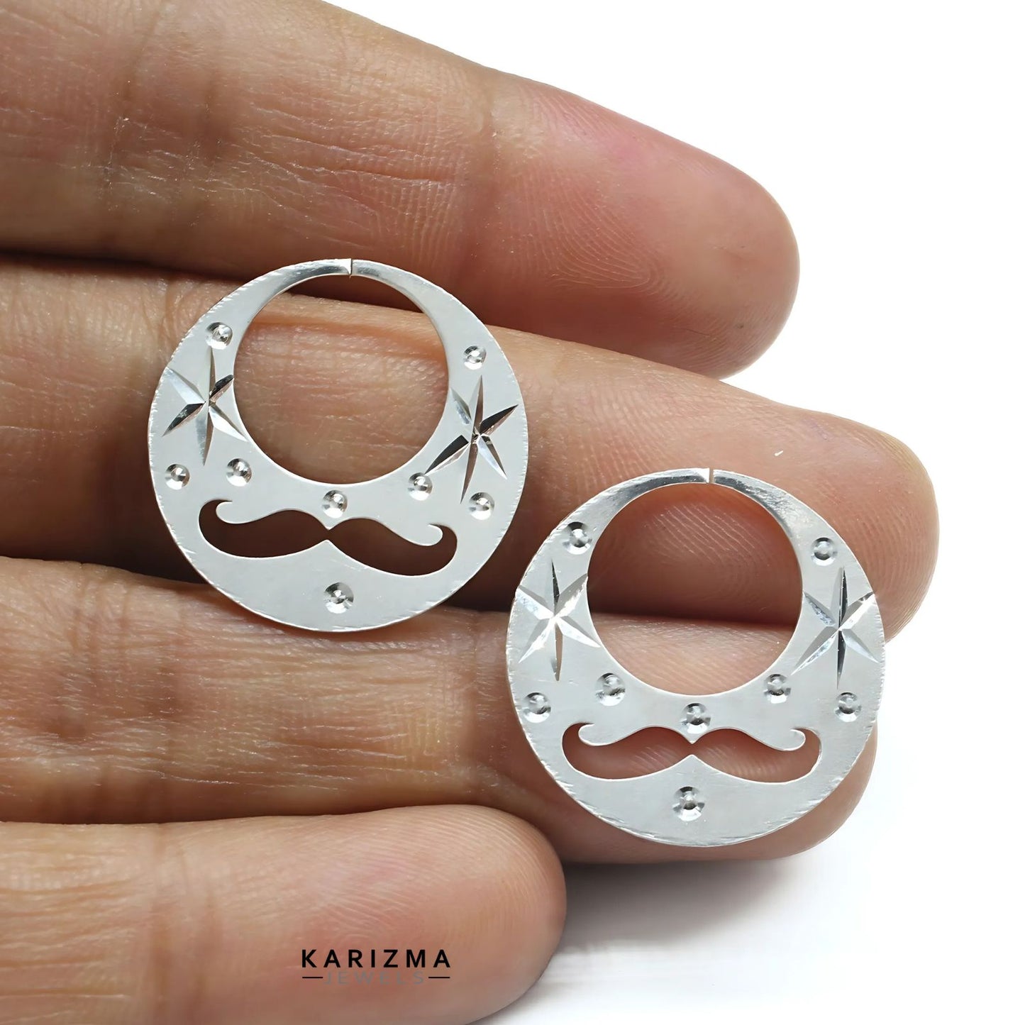 Real Sterling Silver Round stylish Moon Shaped MOUSTACHE Nattiyan (Nanti) earring for Men