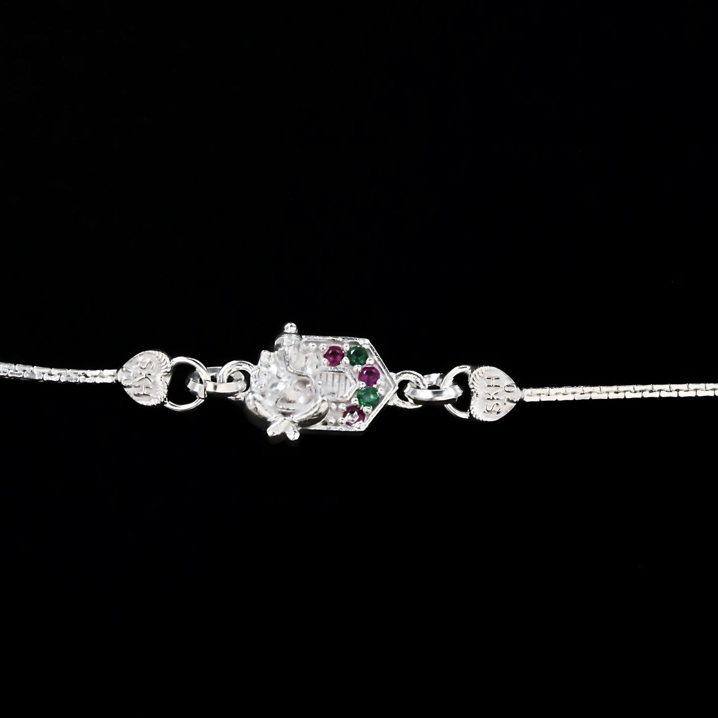 Real Silver Bracelet CZ Ganesha Rakhi 6"
