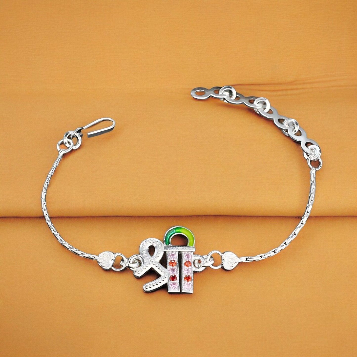 Real Silver Bracelet Multi CZ Shree Rakhi 6"