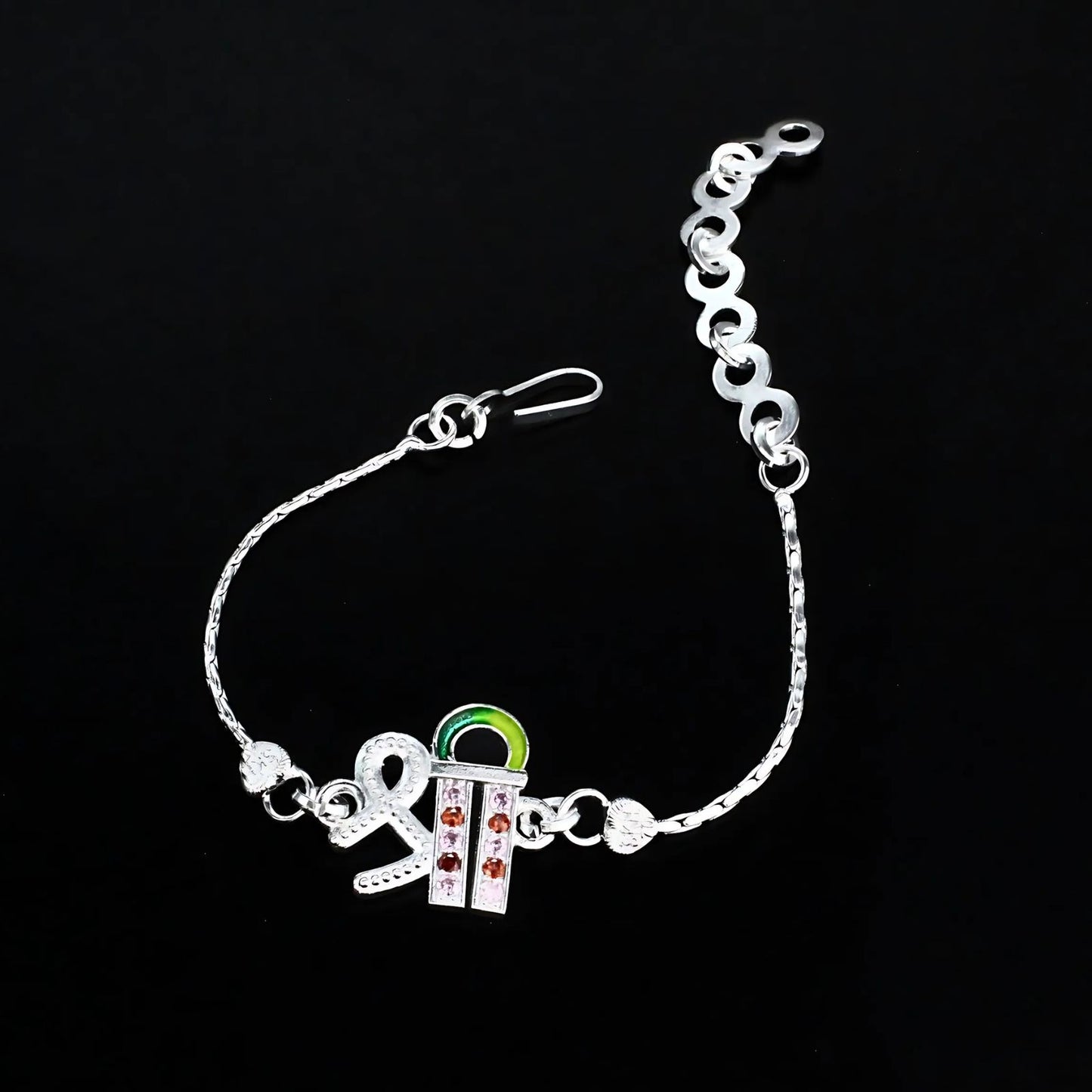 Real Silver Bracelet Multi CZ Shree Rakhi 6"