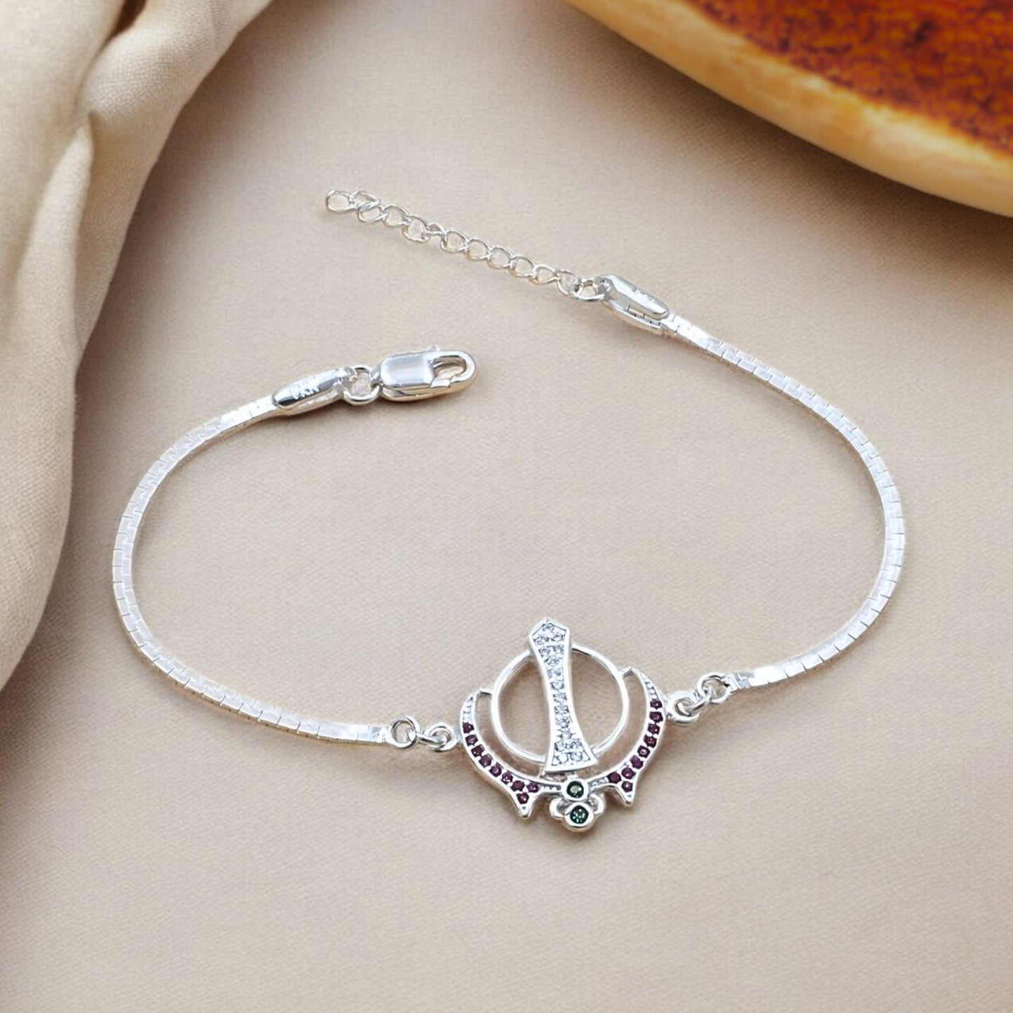 Real Silver Bracelet Multi CZ khalsa symbol Rakhi 8"