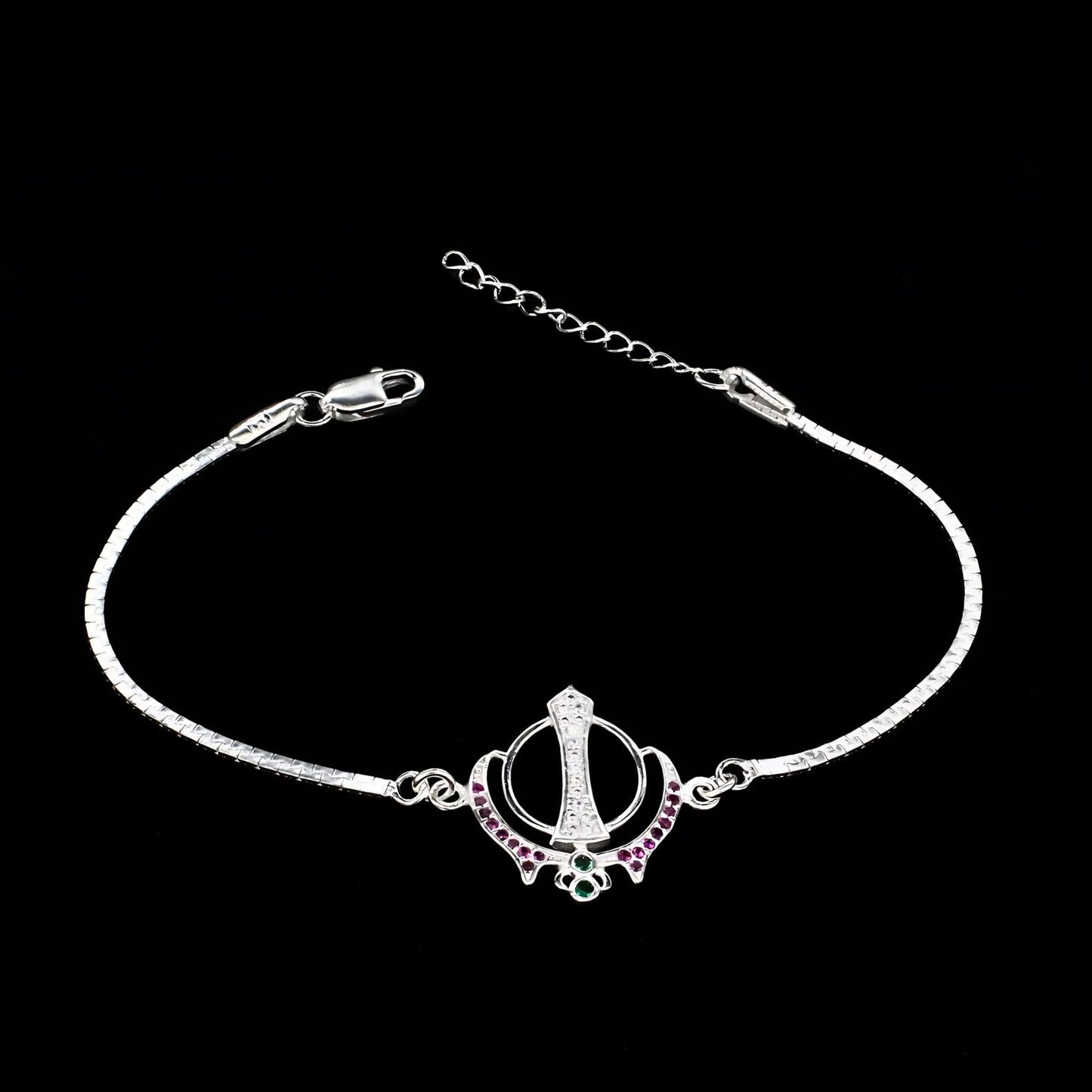 Real Silver Bracelet Multi CZ khalsa symbol Rakhi 8"