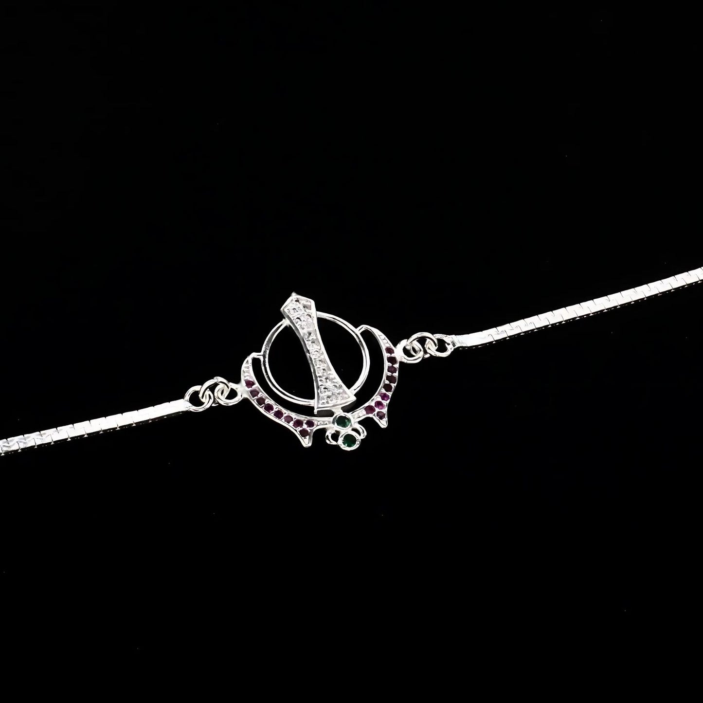 Real Silver Bracelet Multi CZ khalsa symbol Rakhi 8"
