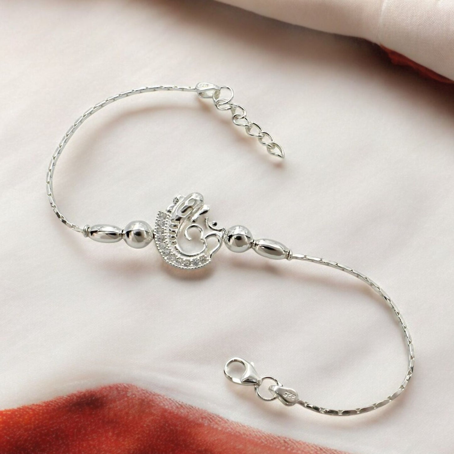 925 Real Sterling Silver Bracelet cz Om Rakhi 7.5"