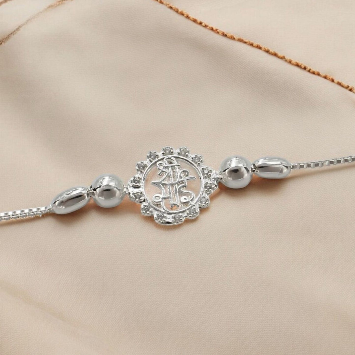 925 Real Silver Bracelet White cz Shri Sai Rakhi 7.8"