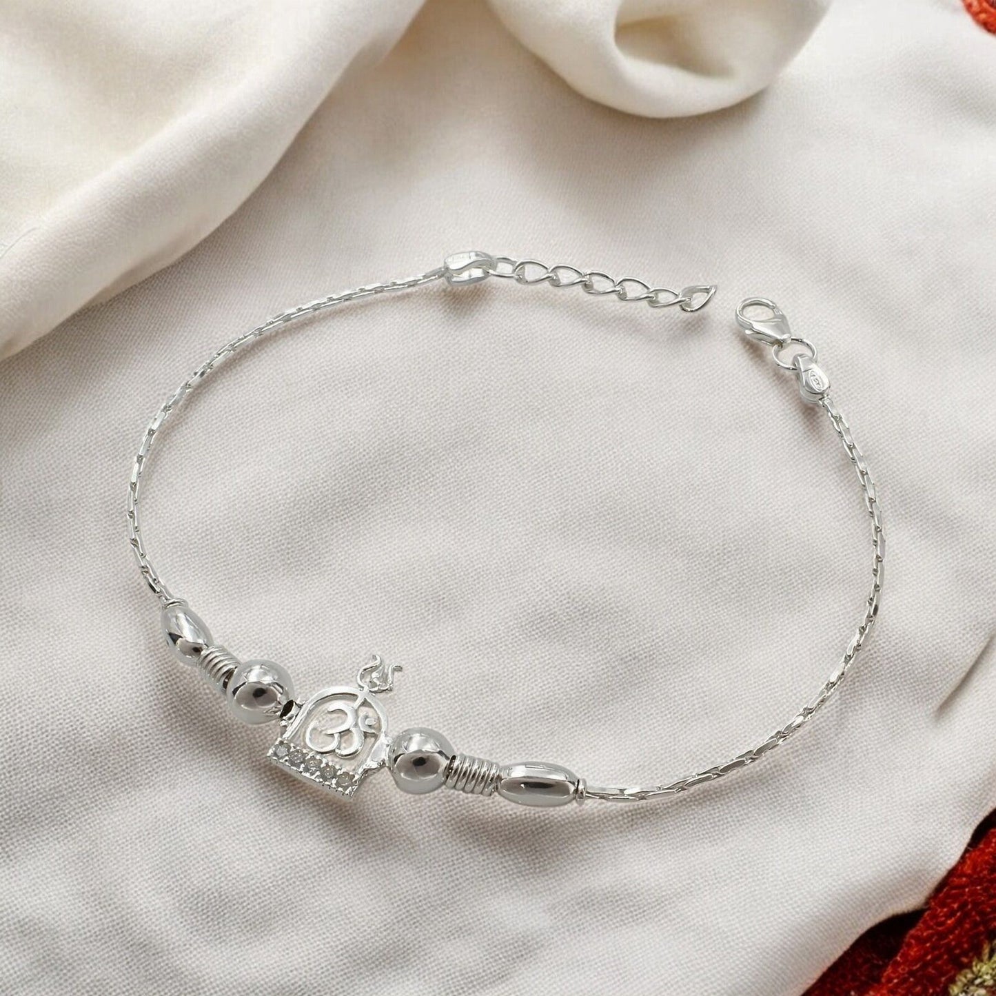 925 Real Silver Bracelet White cz Om design Rakhi 7.5"