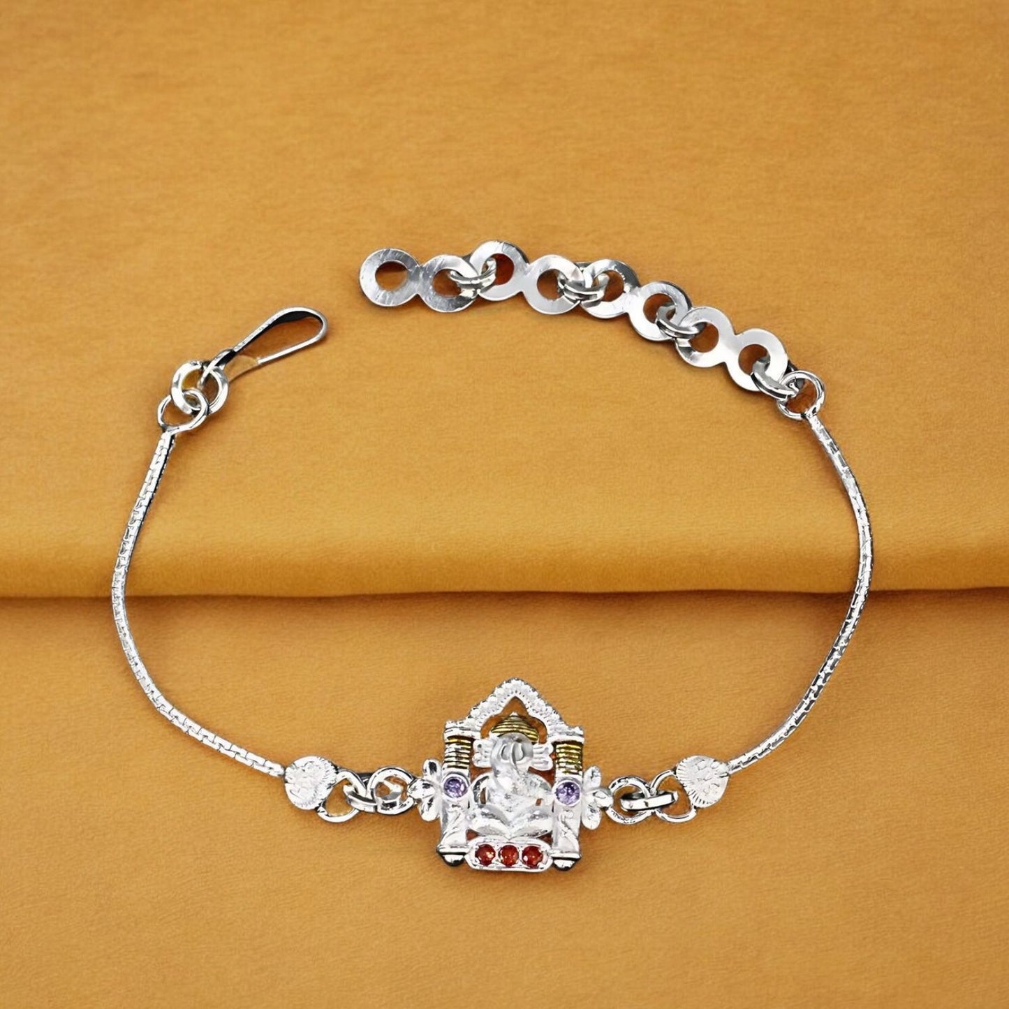 Real Silver Bracelet handmade CZ Ganesh Rakhi 6.3"