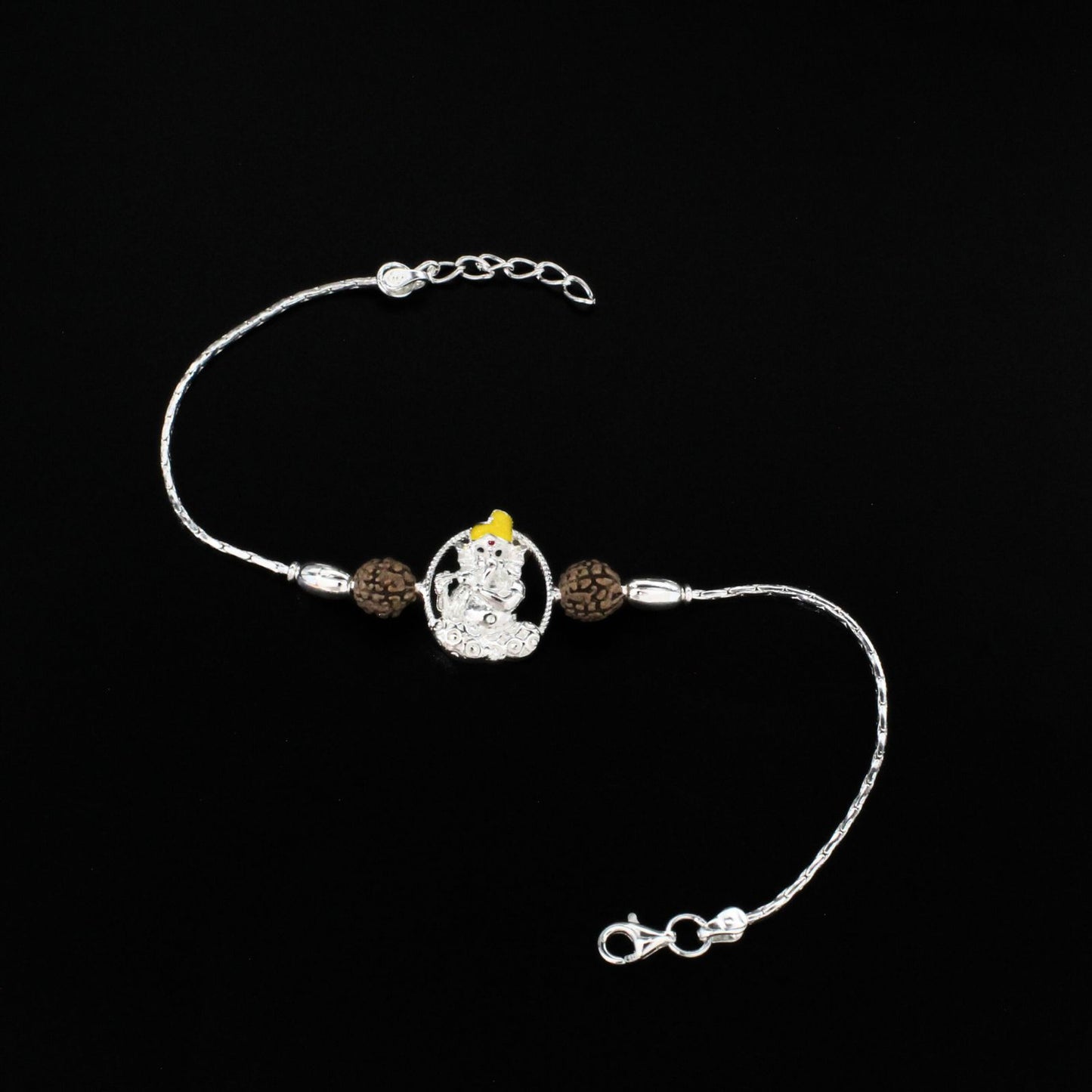 925 Real Silver Bracelet Rudraksha Ganesha Rakhi 7.5"