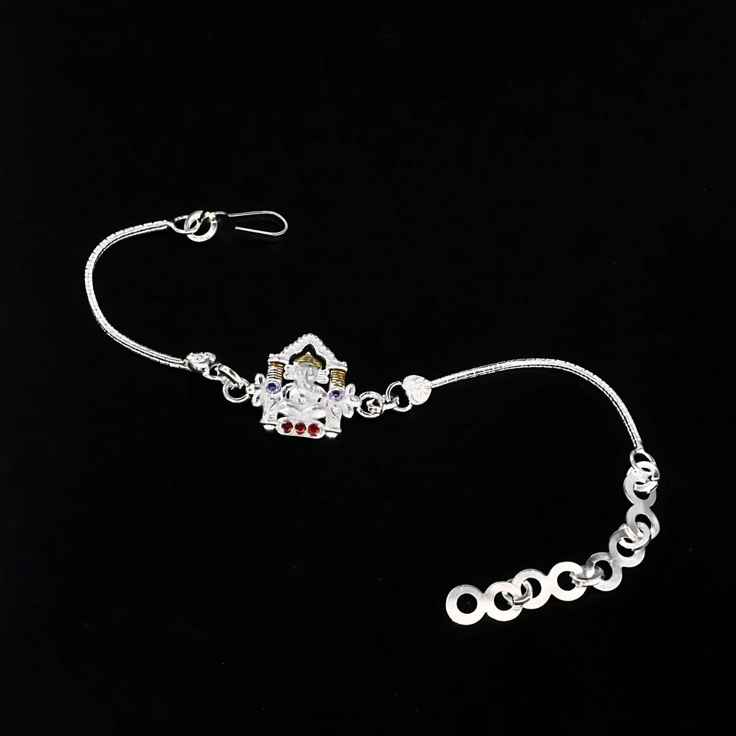 Real Silver Bracelet handmade CZ Ganesh Rakhi 6.3"