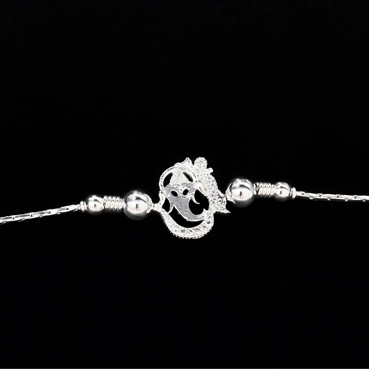 925 Real Silver Bracelet White cz Ganesha Rakhi 7.5"