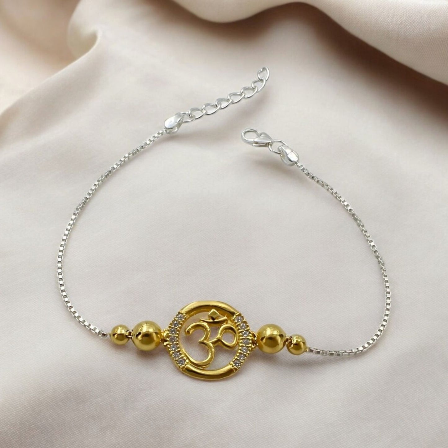 925 Real Silver White Cz Golden Tone Bracelet Om Rakhi 7.8"
