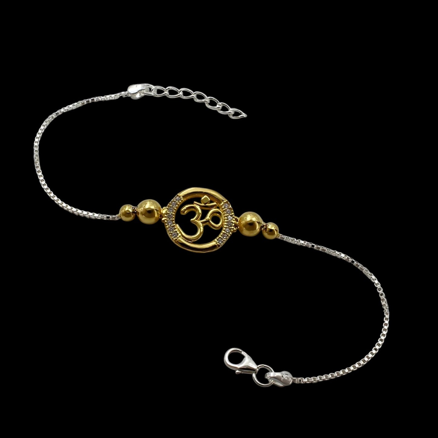 925 Real Silver White Cz Golden Tone Bracelet Om Rakhi 7.8"