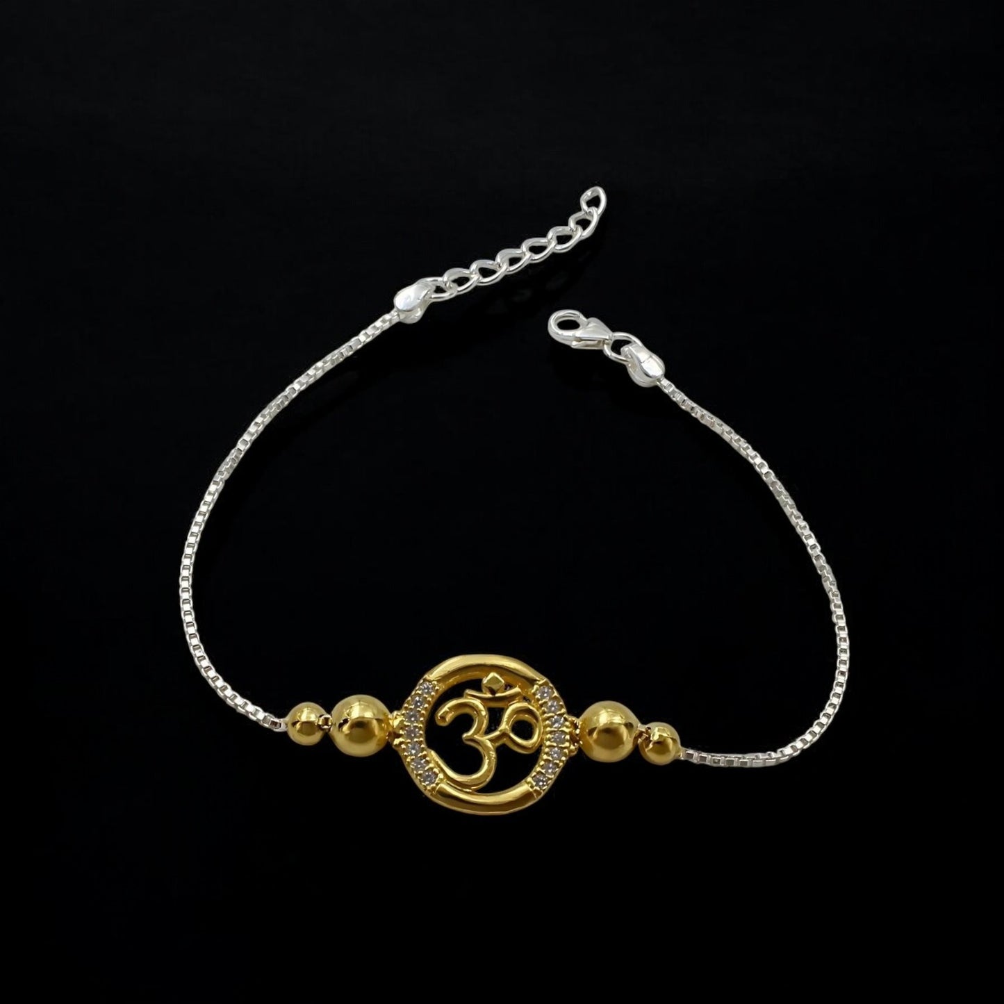 925 Real Silver White Cz Golden Tone Bracelet Om Rakhi 7.8"