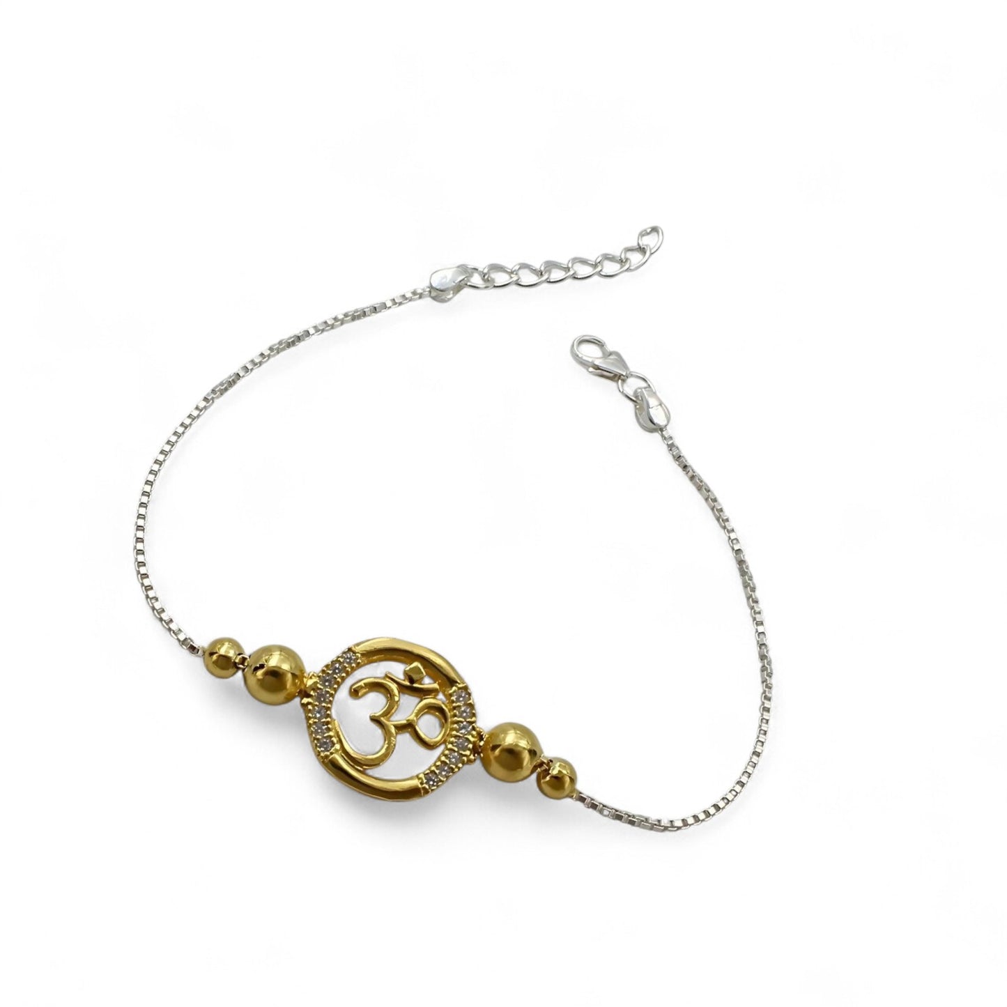 925 Real Silver White Cz Golden Tone Bracelet Om Rakhi 7.8"