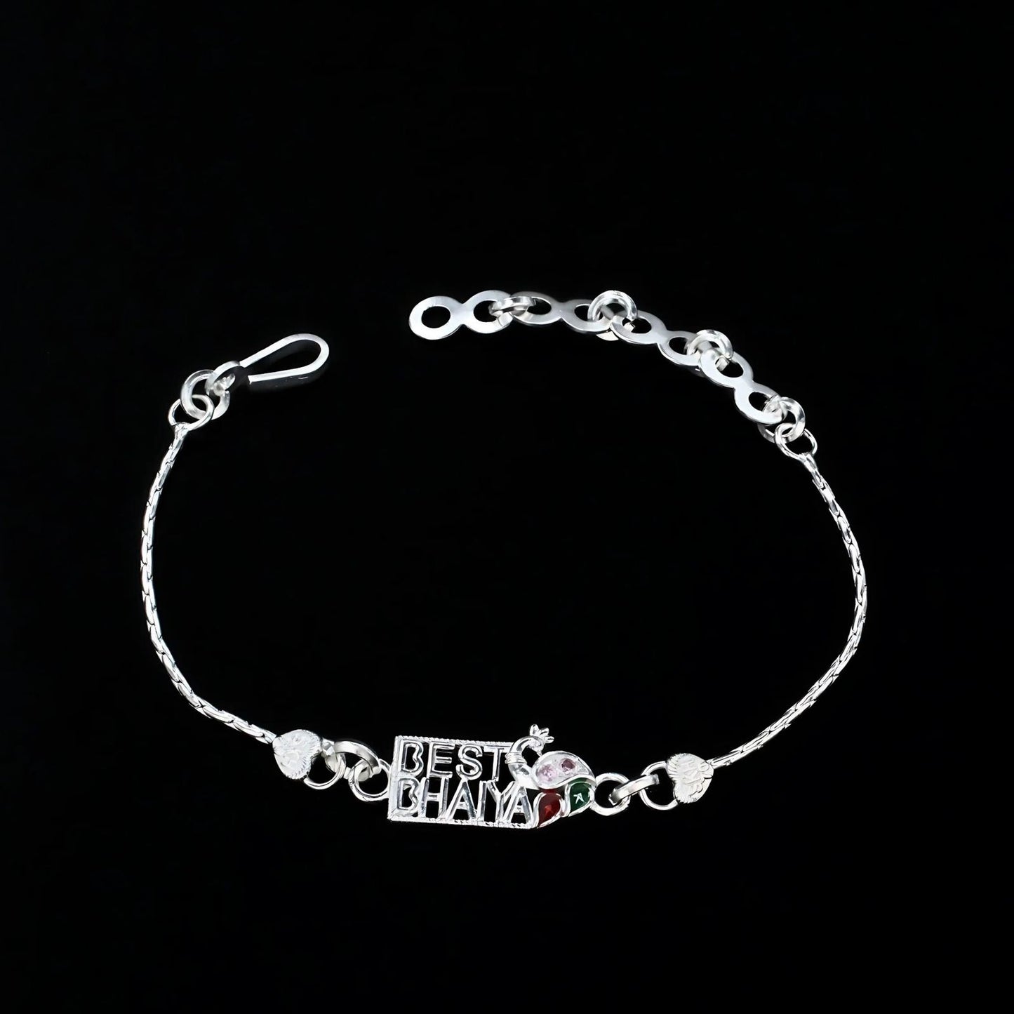 Real Silver Bracelet CZ Best Bhaiya Peacock Rakhi 6.2"