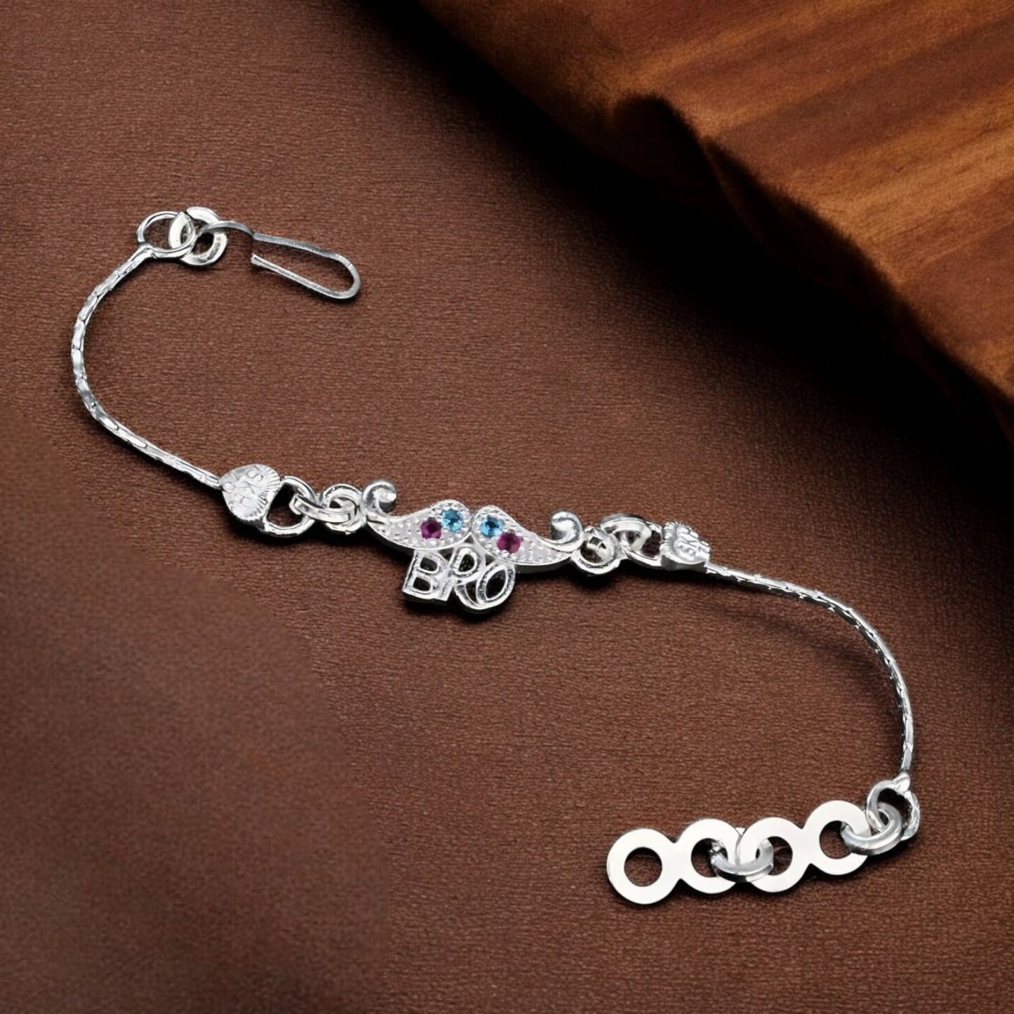 Real Silver Bracelet Excellent CZ Kids Bro Moustache Rakhi 5"