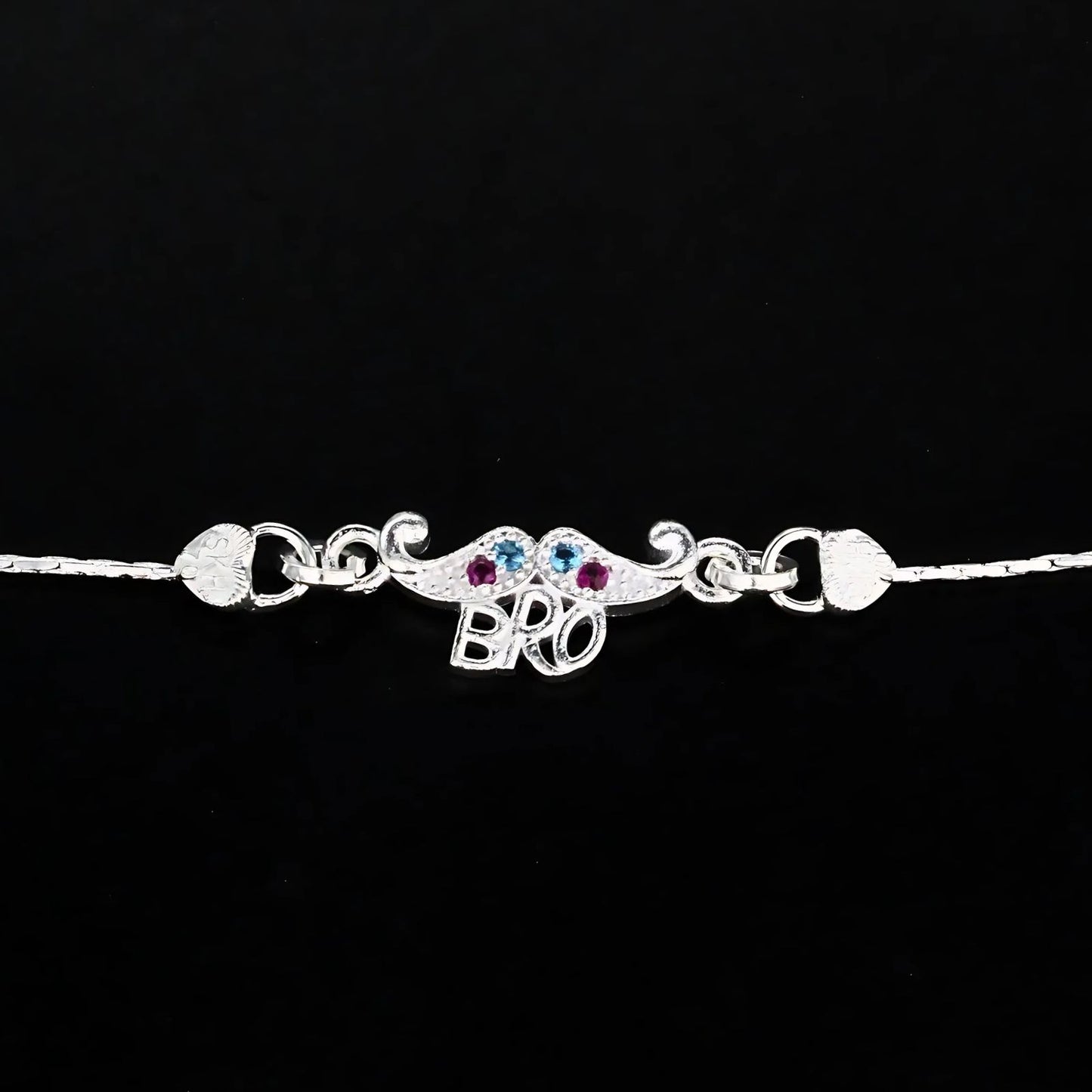 Real Silver Bracelet Excellent CZ Kids Bro Moustache Rakhi 5"
