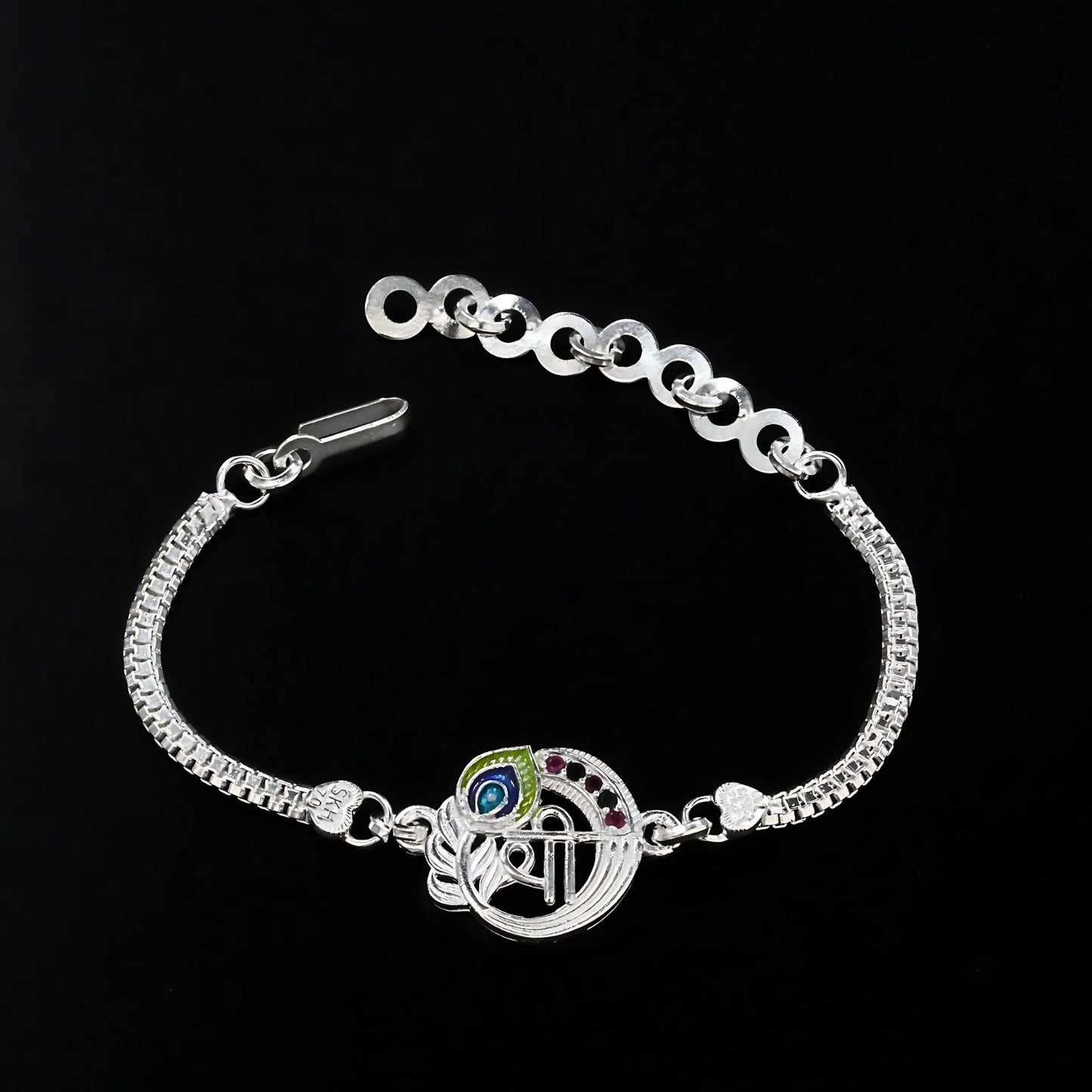 Real Silver Bracelet cultural design Green Pink CZ Rakhi 6"