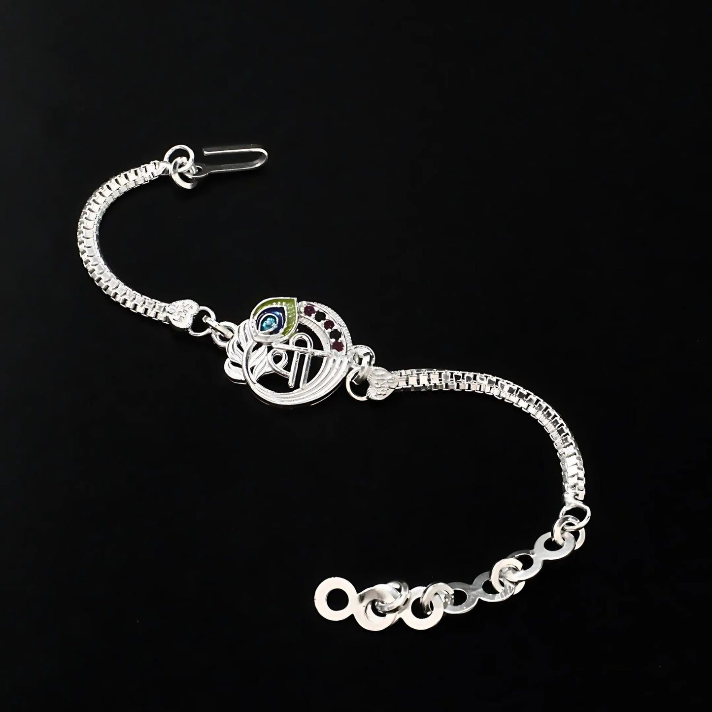 Real Silver Bracelet cultural design Green Pink CZ Rakhi 6"