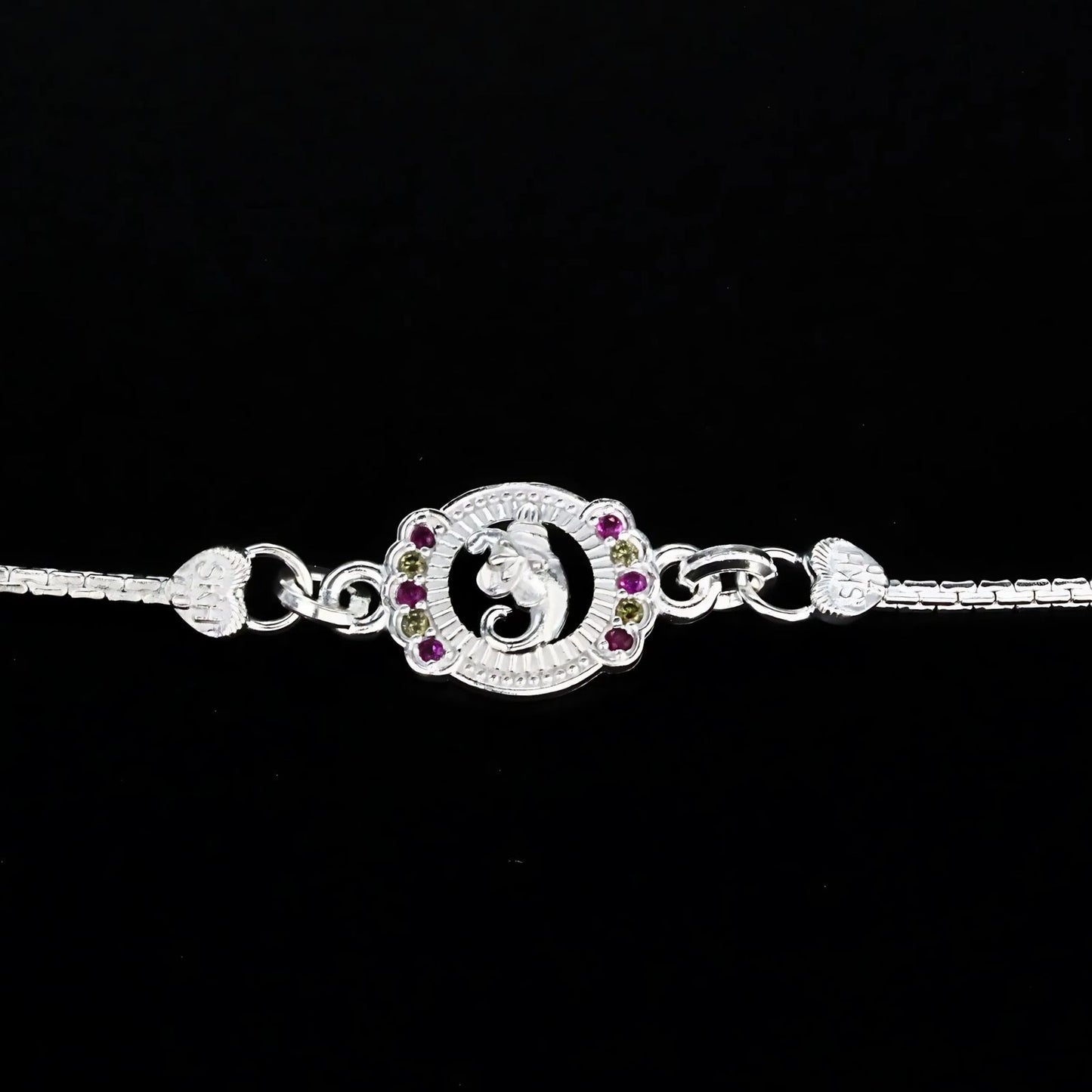 Real Silver Bracelet handmade Multi CZ Ganesha Rakhi 5.8"
