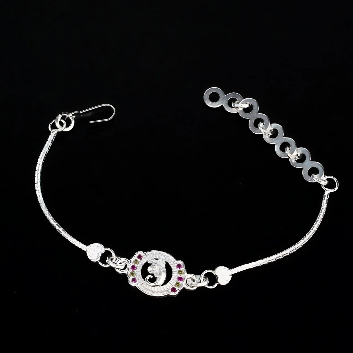 Real Silver Bracelet handmade Multi CZ Ganesha Rakhi 5.8"