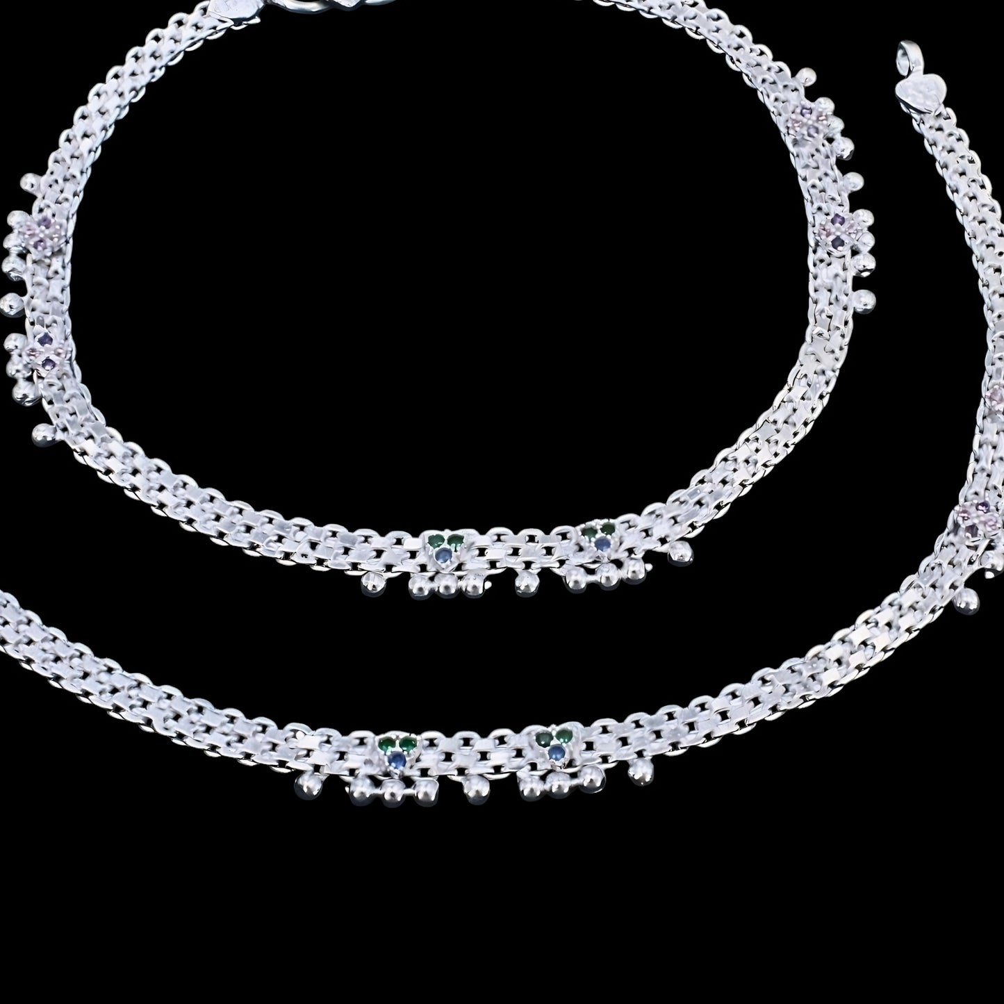Real Silver Multi CZ Traditional Janjhar Anklet for women 10.3in