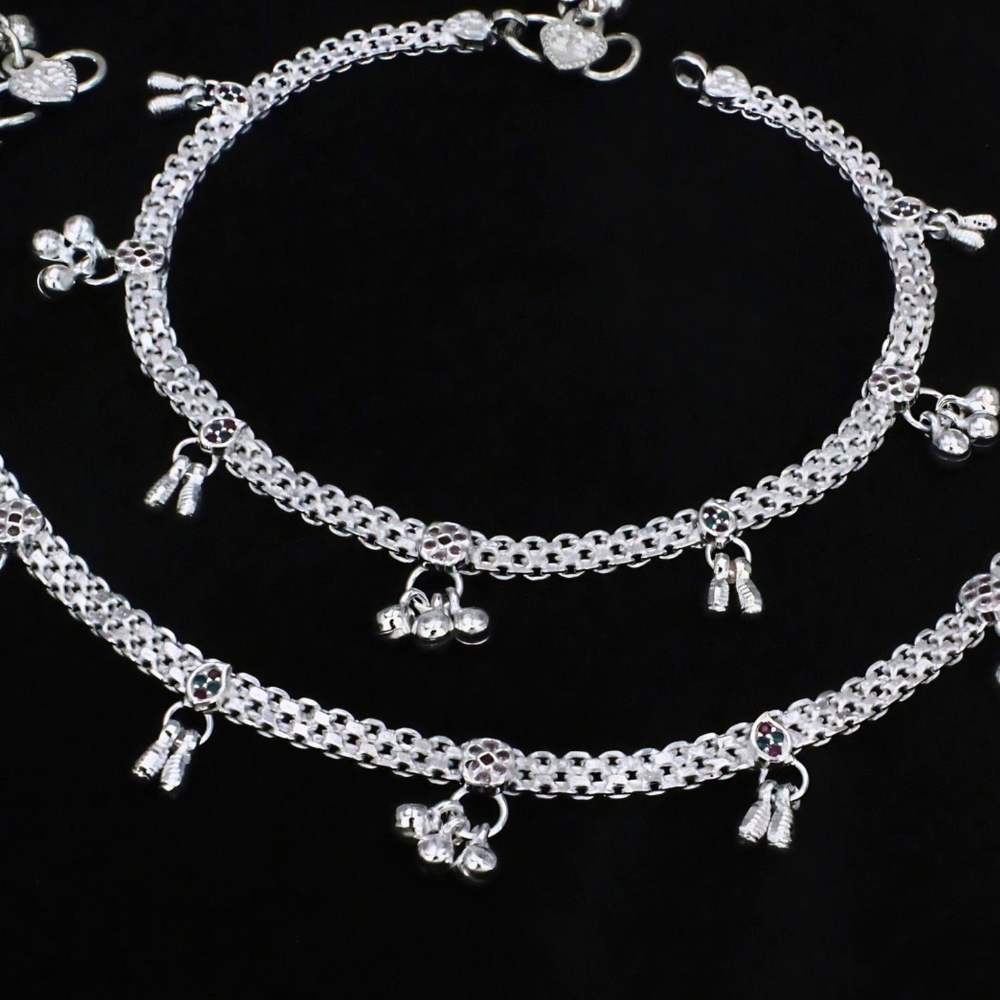 Real Silver Multi CZ Anklet Payal with Ghungroos