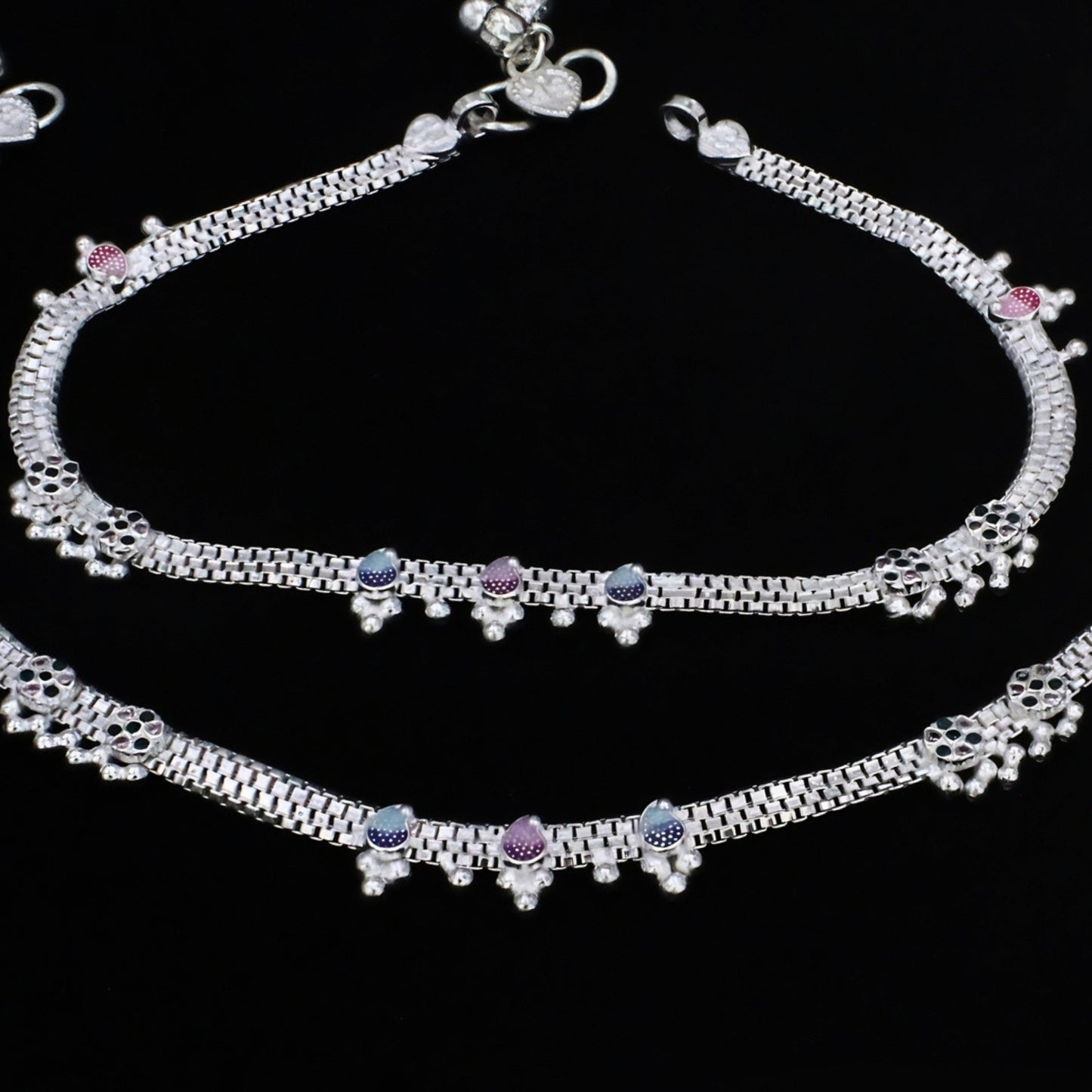 Real Silver Blue Pink CZ Women Anklet - Meenakari Silver Payal