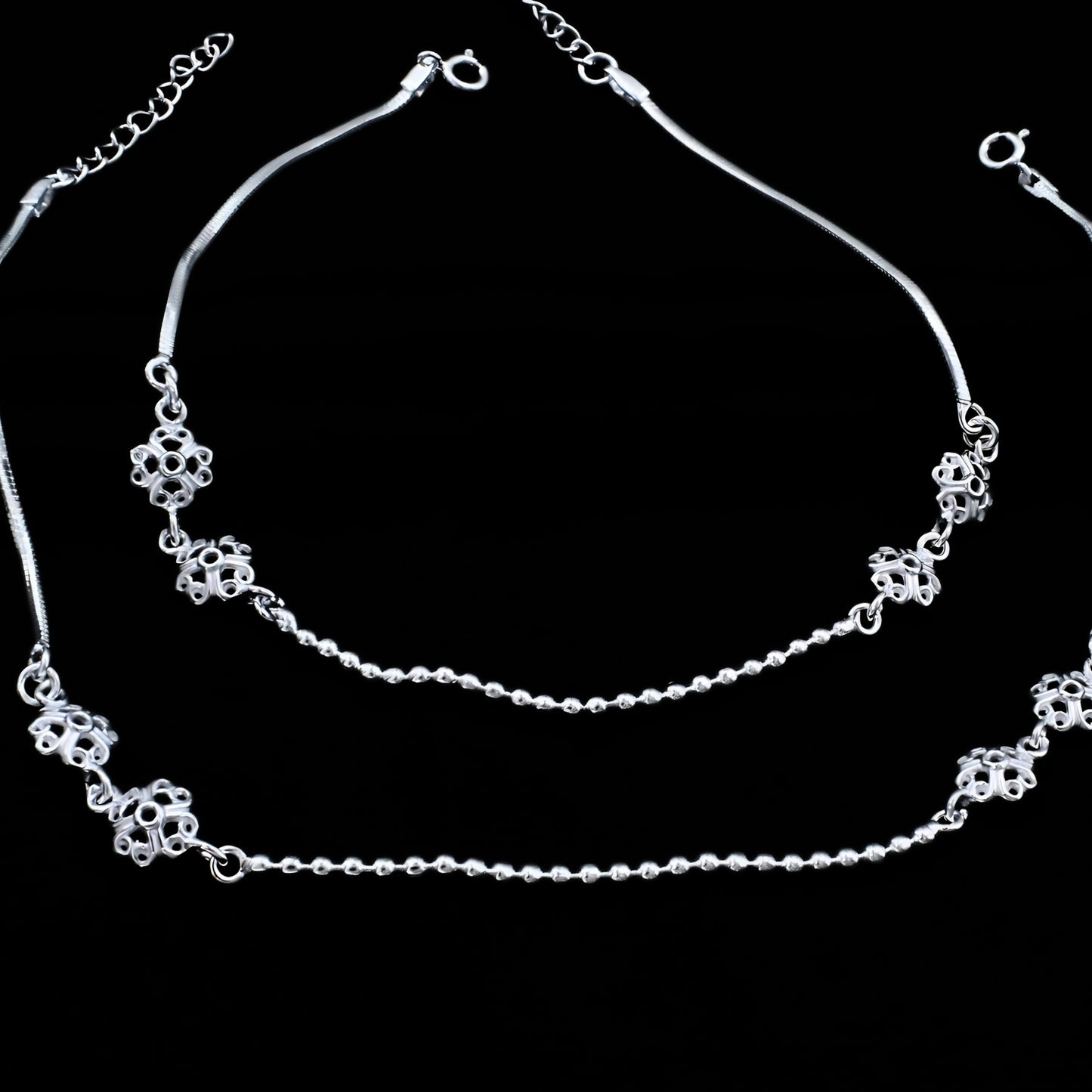 Real Silver Filigree Flower and Ball Chain Payal Anklet for Women