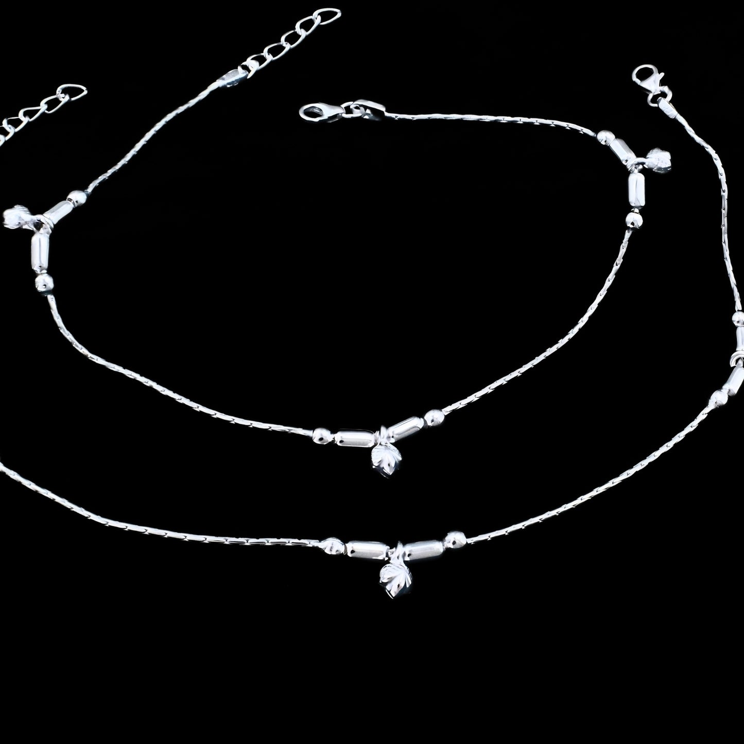 Real Silver Leaf Charm Beaded Stylish Payal Anklet - Pair