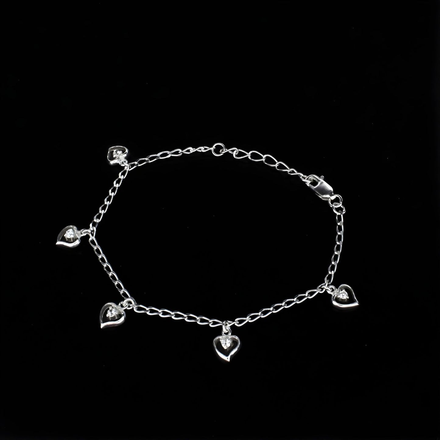 Divine 925 Sterling Silver White CZ five heart charms curb chain Bracelet for Girls