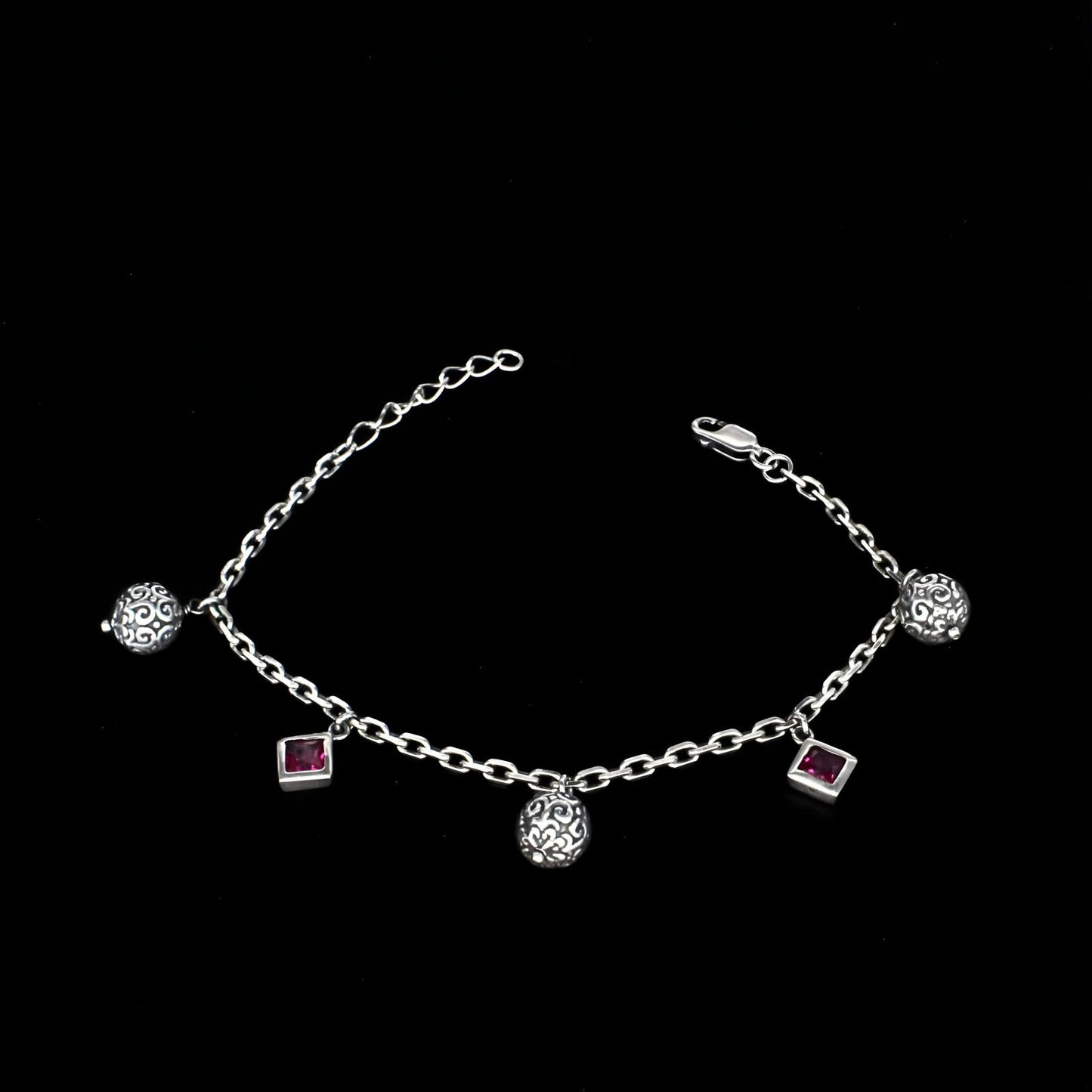 Unique 925 Sterling Silver Pink CZ link chain oxidized Bracelet for Girls