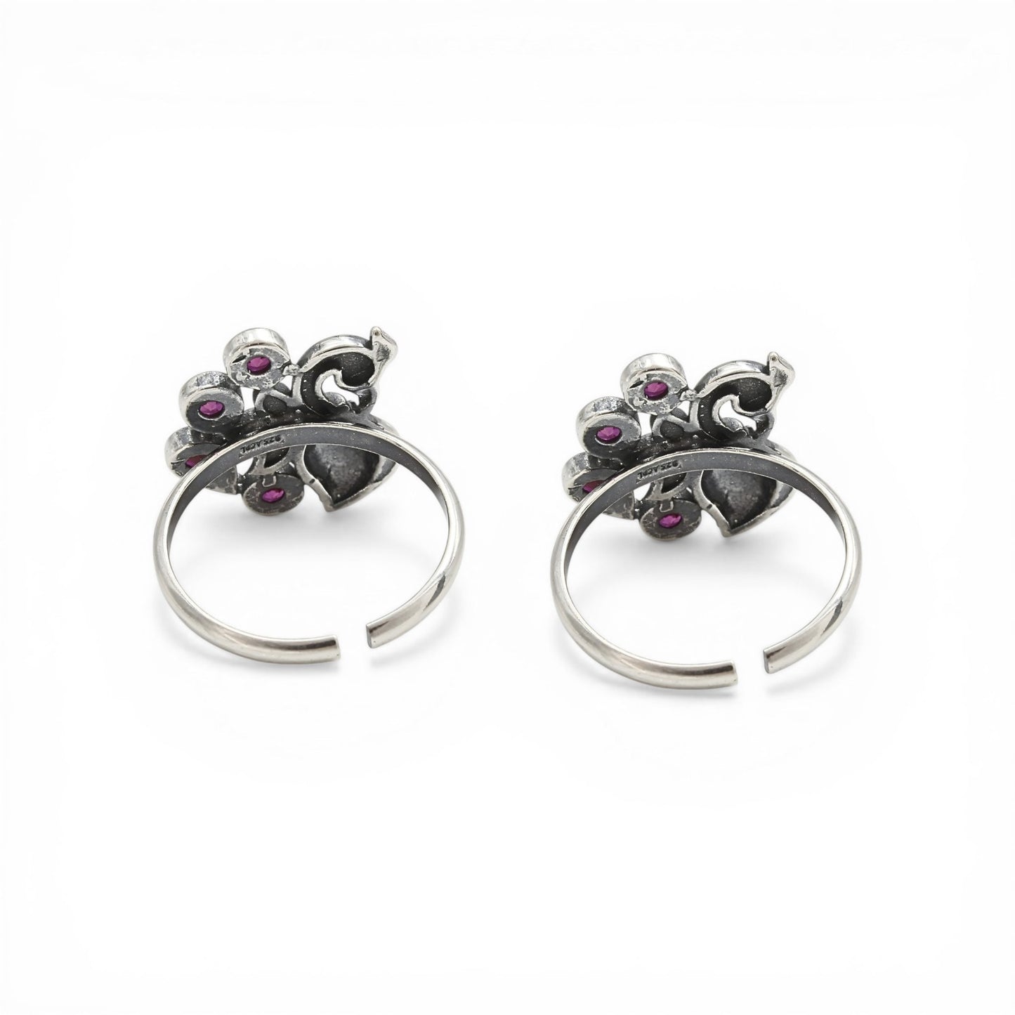 925 Real Silver Women Pink CZ Oxidized Peacock Toe Ring - Pair
