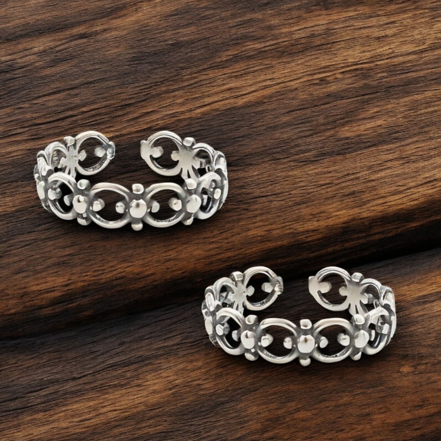 925 Real Sterling Silver women Oxidized trendy Filigree Toe Ring - Pair