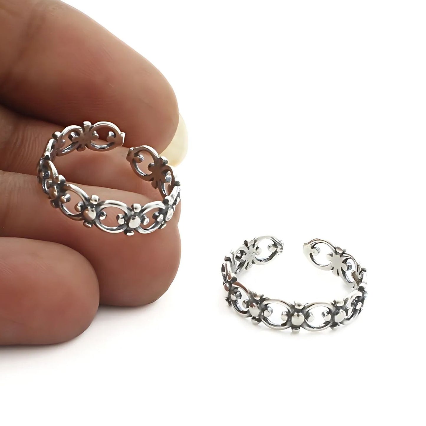 925 Real Sterling Silver women Oxidized trendy Filigree Toe Ring - Pair