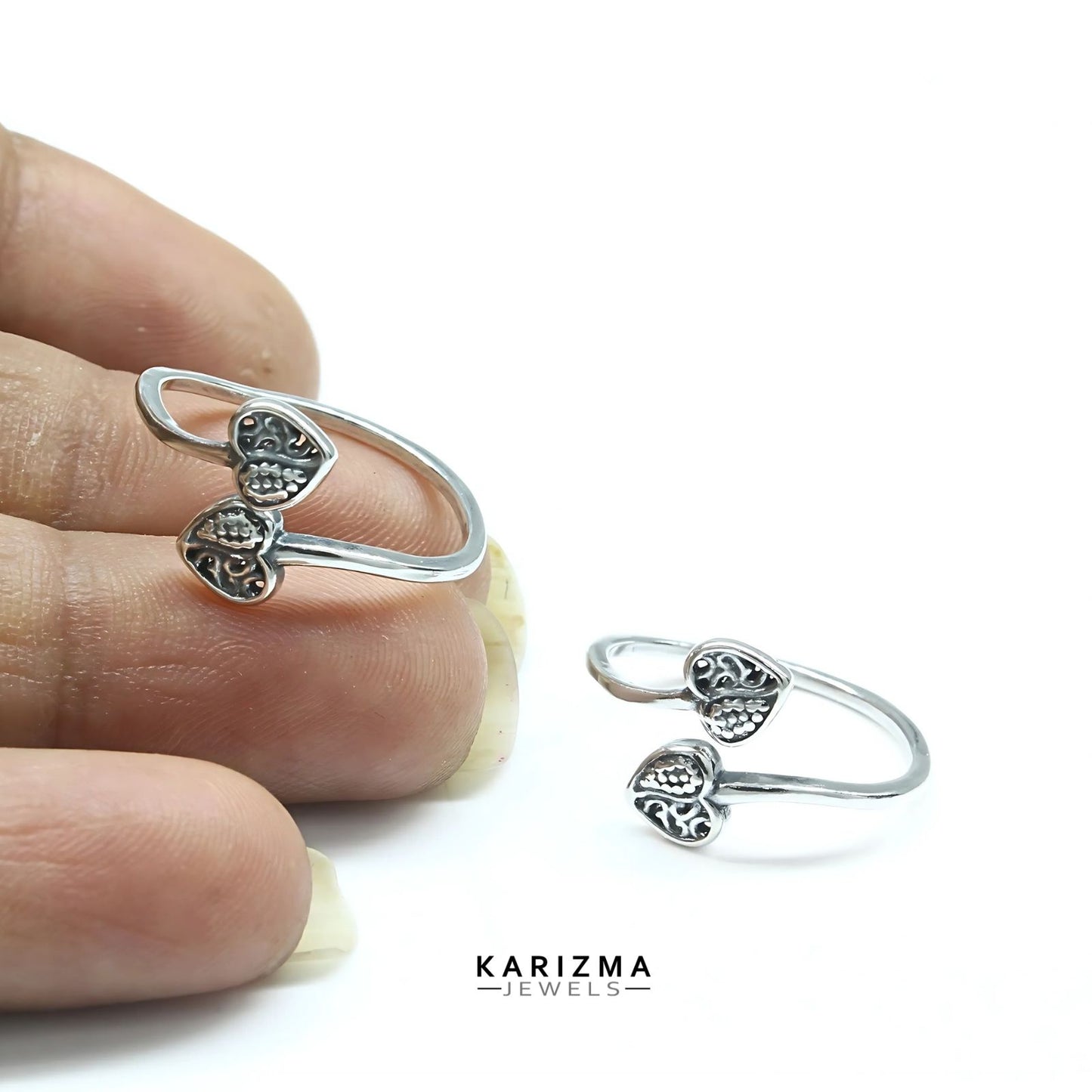 925 Real Sterling Silver women pretty Heart design Oxidized Toe Ring - Pair