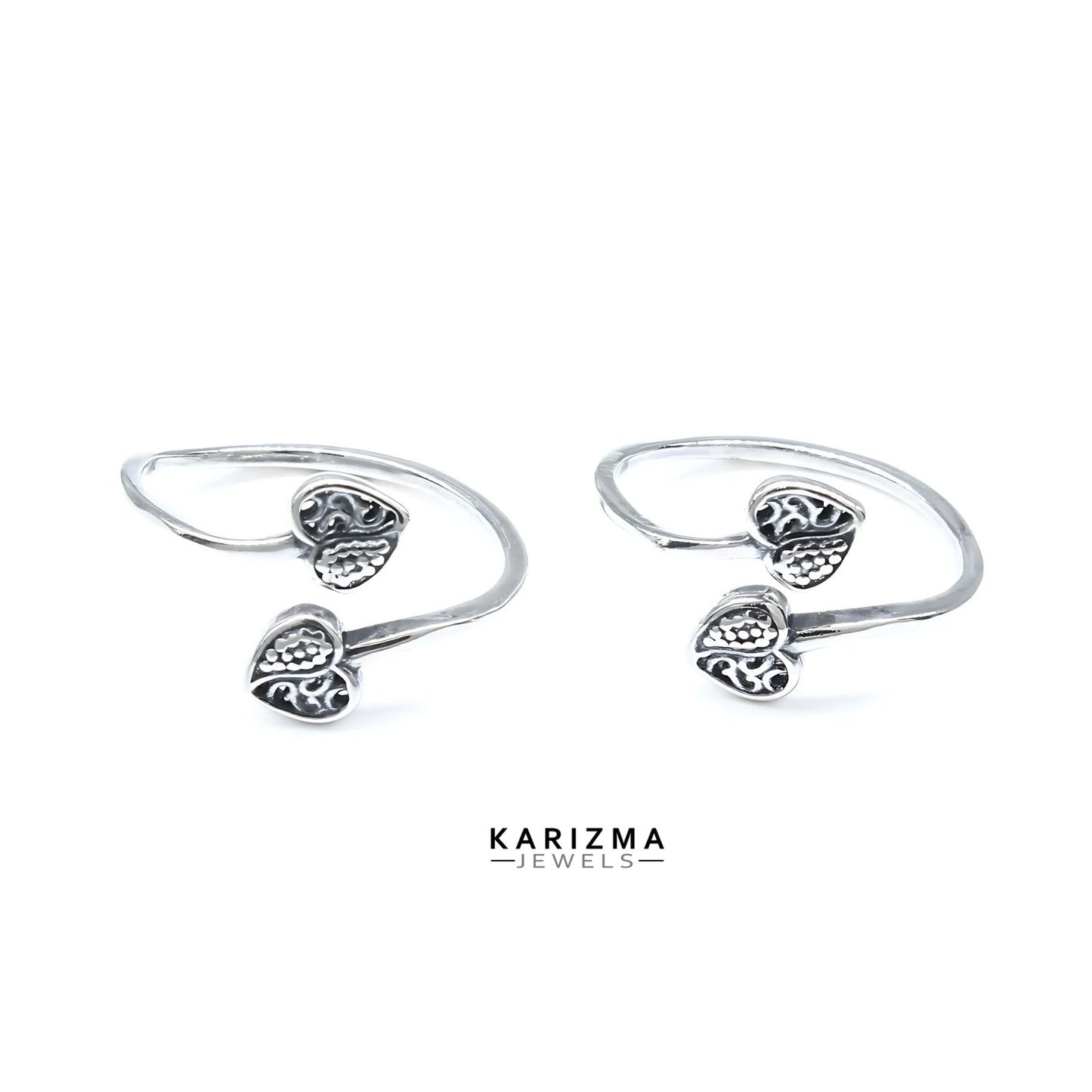 925 Real Sterling Silver women pretty Heart design Oxidized Toe Ring - Pair