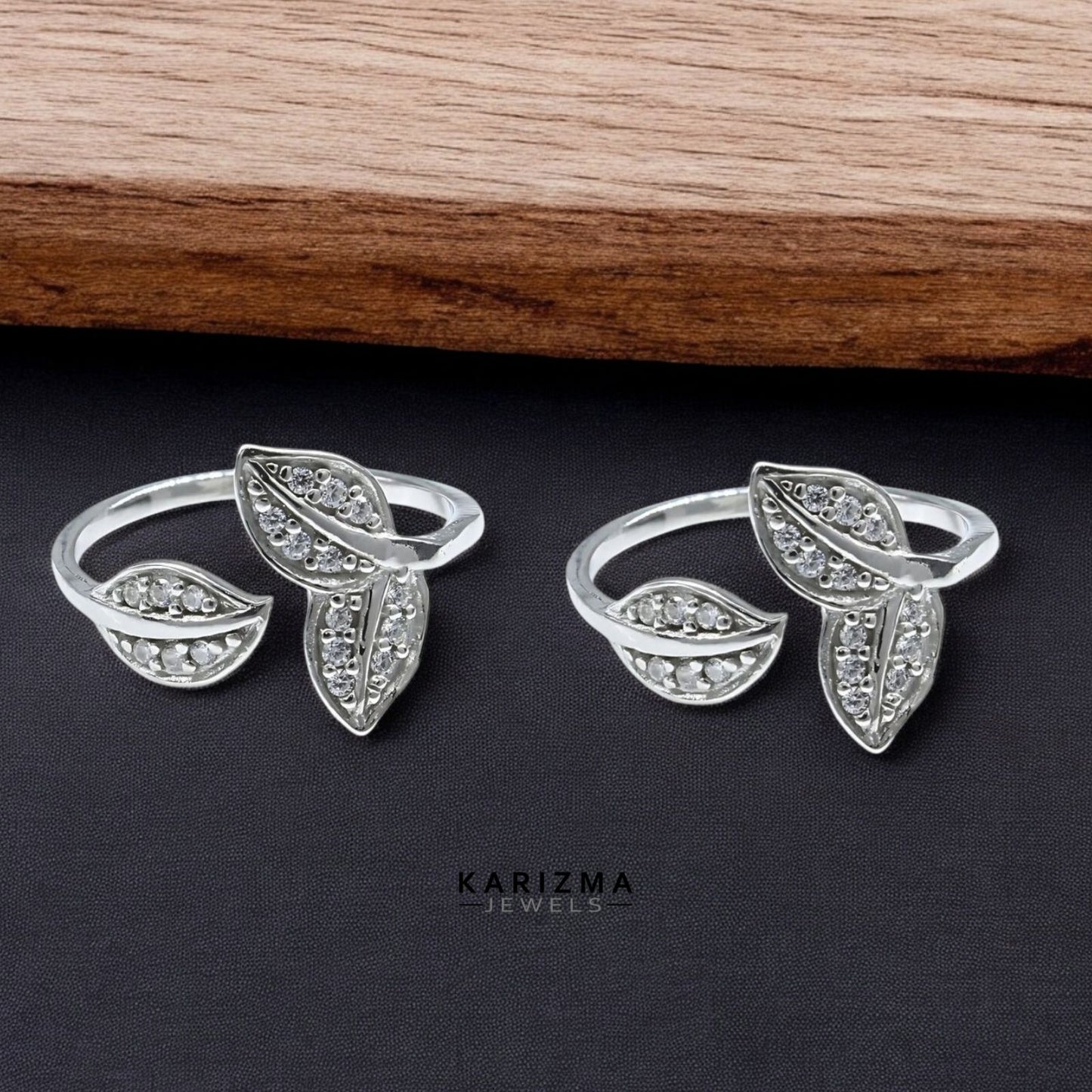 925 Real Sterling Silver women Adjustable Leaf design White CZ Toe Ring - Pair